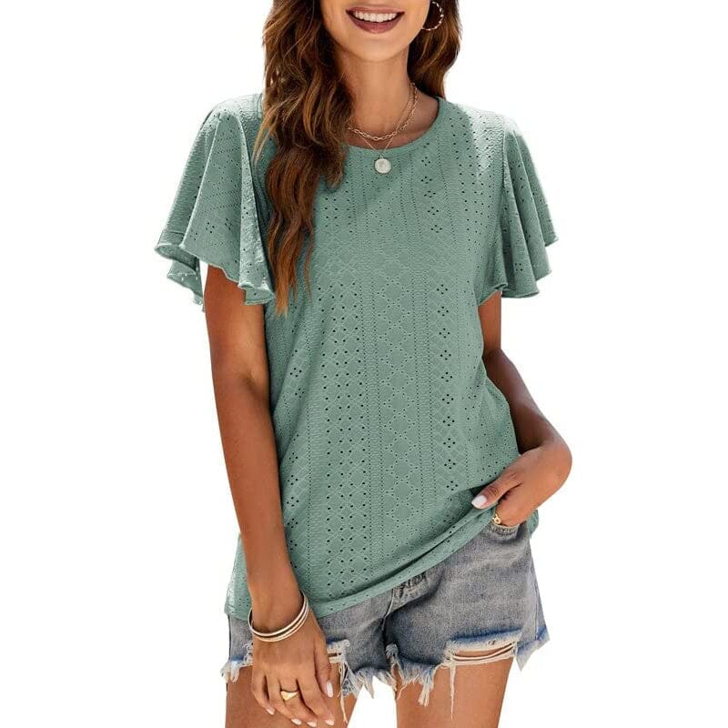 Womens Casual T-Shirts Summer Crew Neck Ruffle Sleeve Tees Tunic Tops Free Shipping Low Pice Fee Shipping