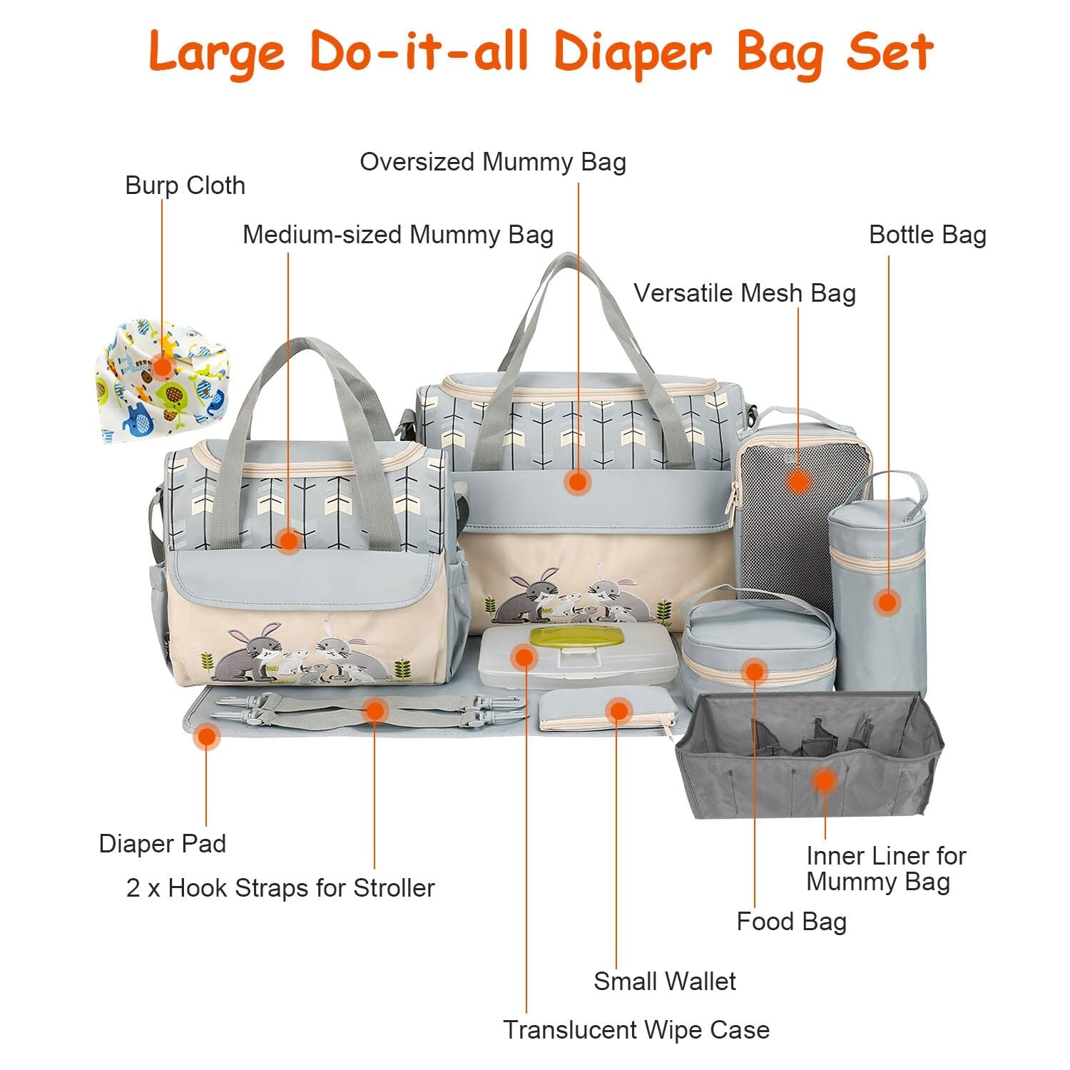 11-Piece Set: Multifunctional Diaper Handbags with Food Bag Low Cost