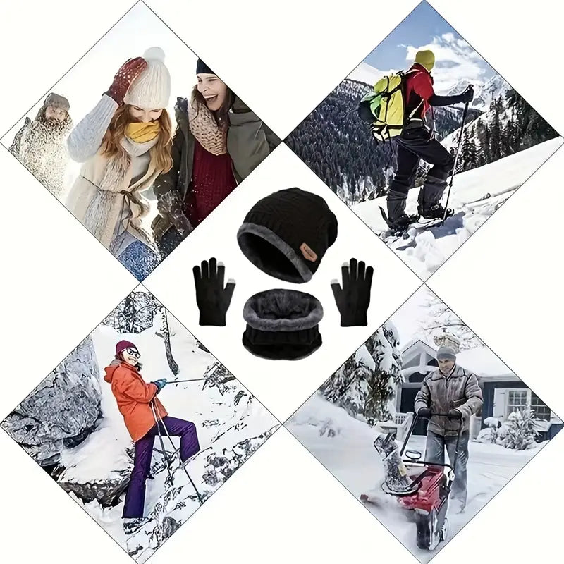 3-Piece Set: Black Knit Hats Warm Beanies Winter Neck Gaiter Elastic Gloves Collections For Sale