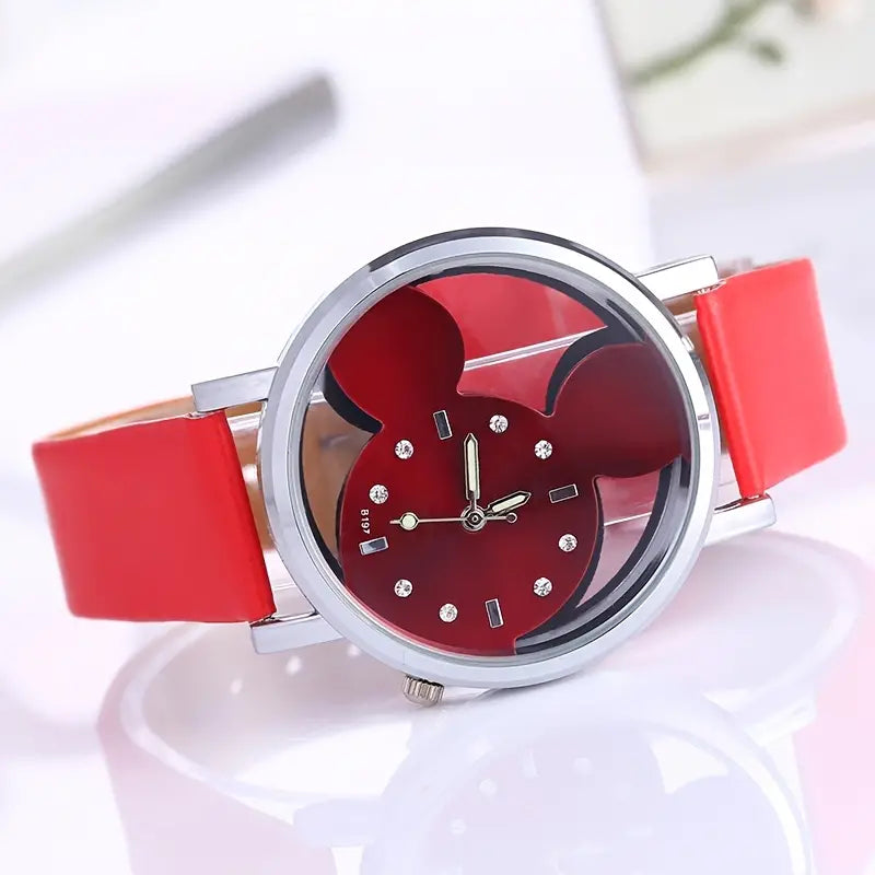 Girls Cute Elegant Hollow Out Mouse Quartz Watch With Faux Leather Band Fashionable For Sale