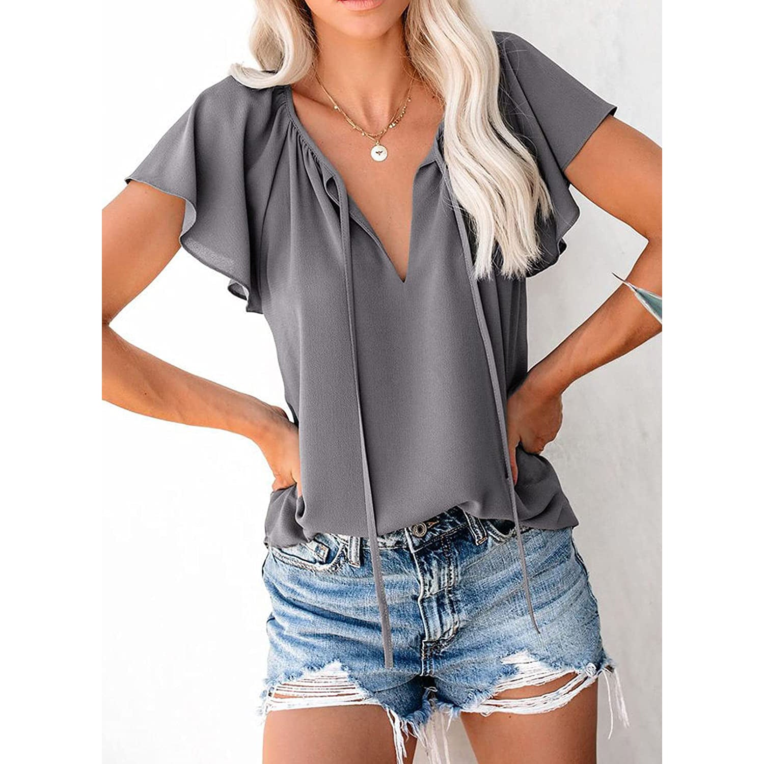 Women's Casual Boho V Neck Tops Drawstring T Shirt Cheap New Styles