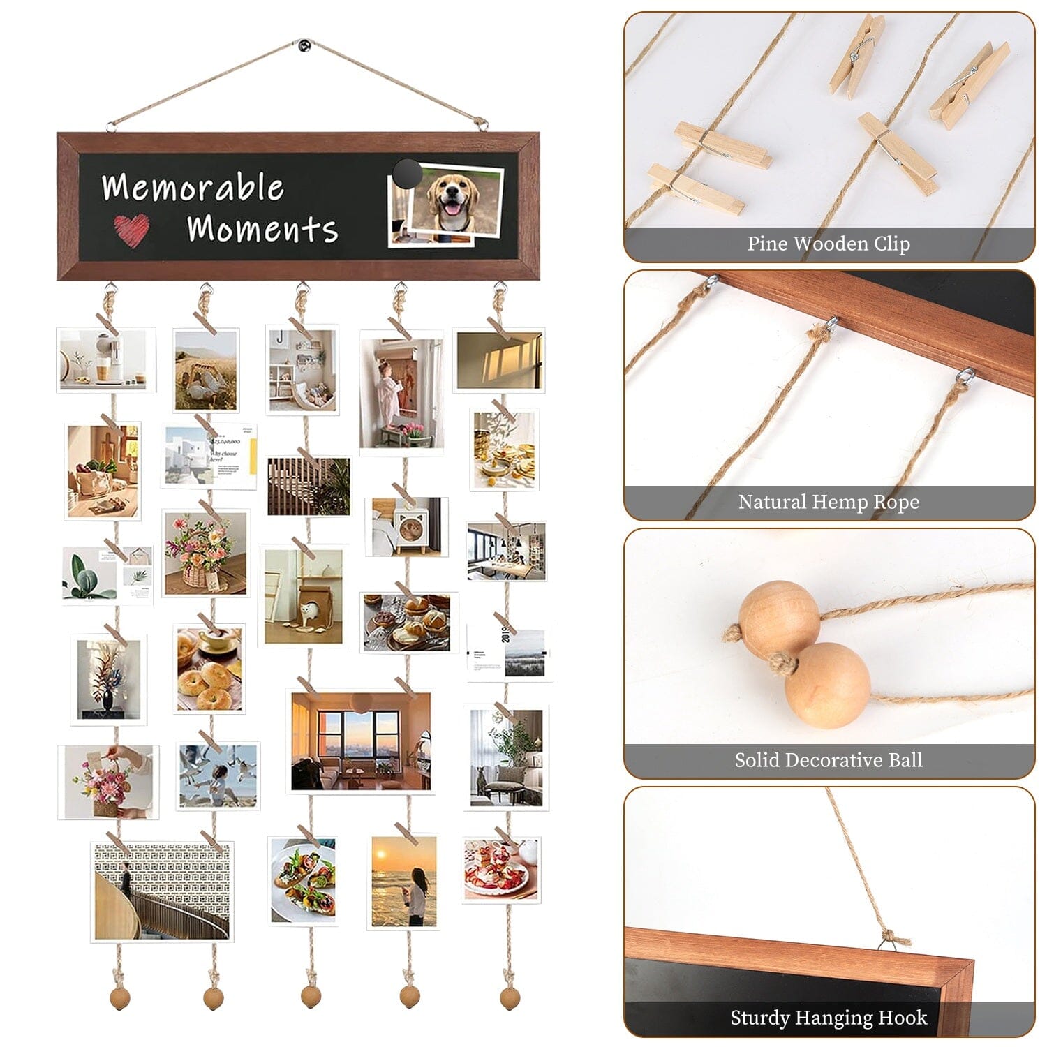 Wooden Hanging Picture Frame Display String Ropes with 30 Clips Writable Blackboard Footlocker Online