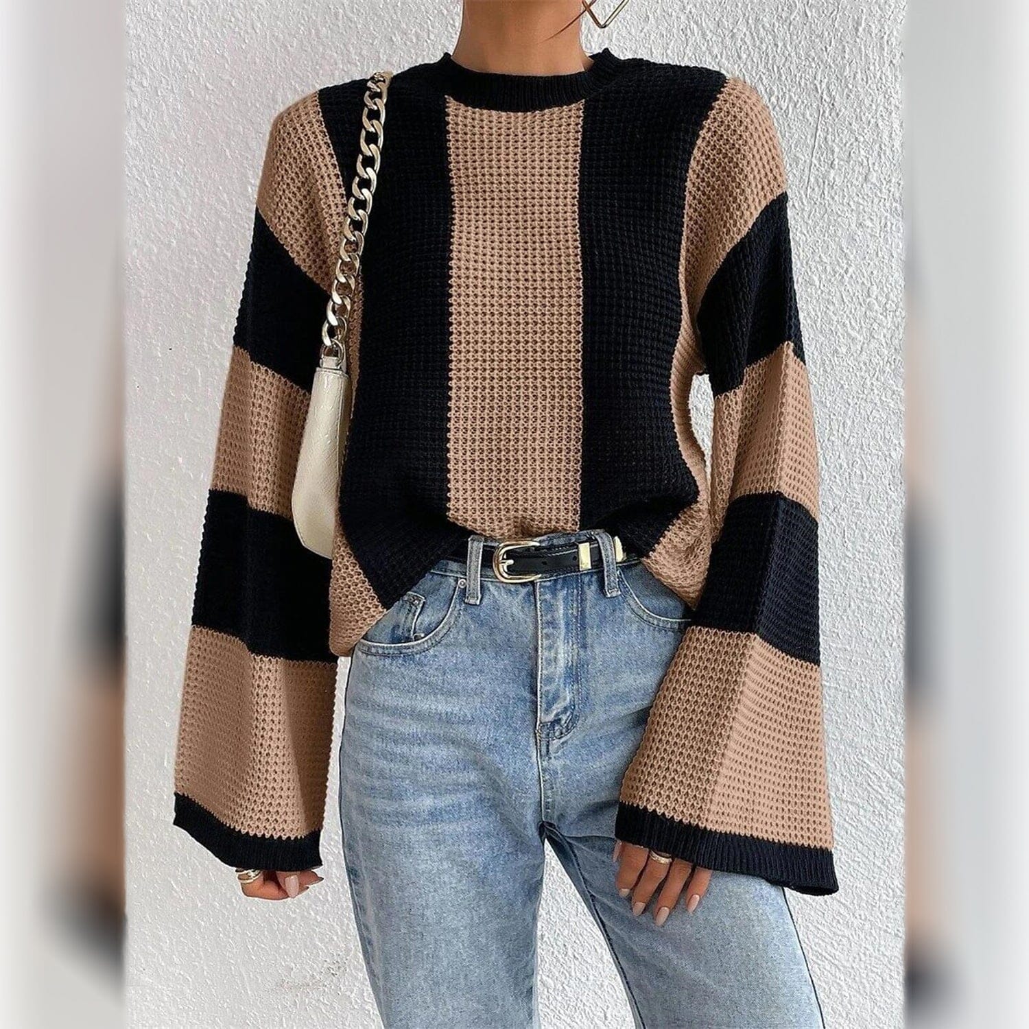 Women's Pullover Ribbed Knit Patchwork Striped Sweater Sale Low Cost