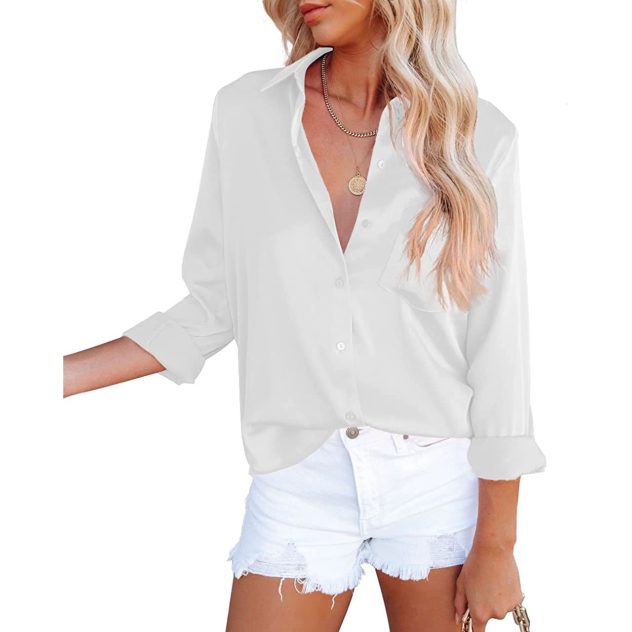 Women's Button Down Shirts Satin V Neck Long Sleeve For Nice Cheap Online