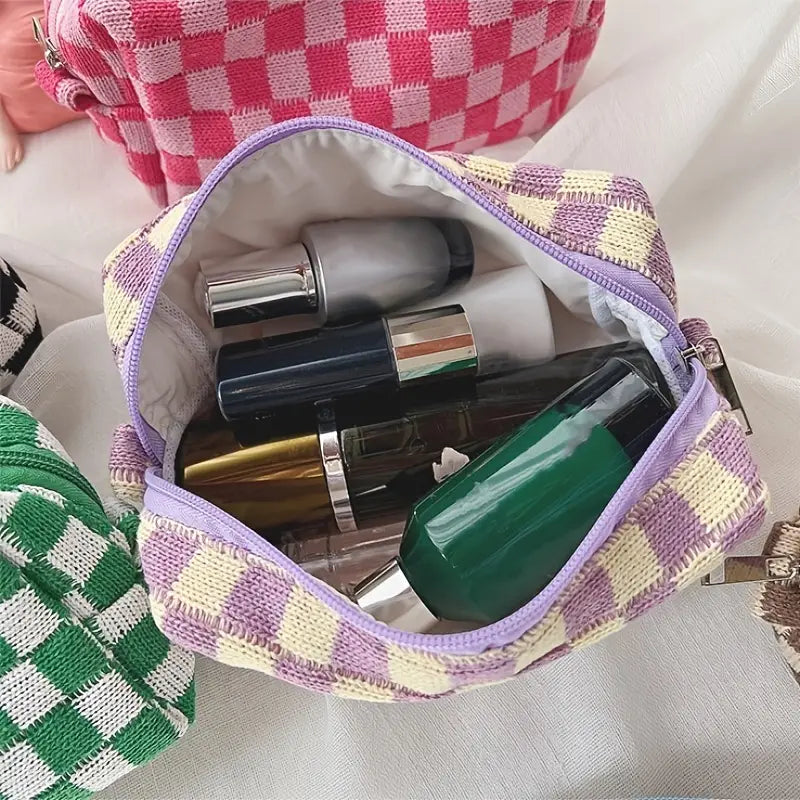 Checkered Pattern Zipper Makeup Bag Release Dates Sale Online