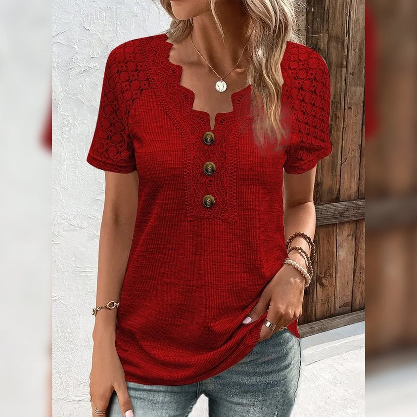 Women's T-Shirt Plain Lace Button Short Sleeve Outlet Huge Surprise