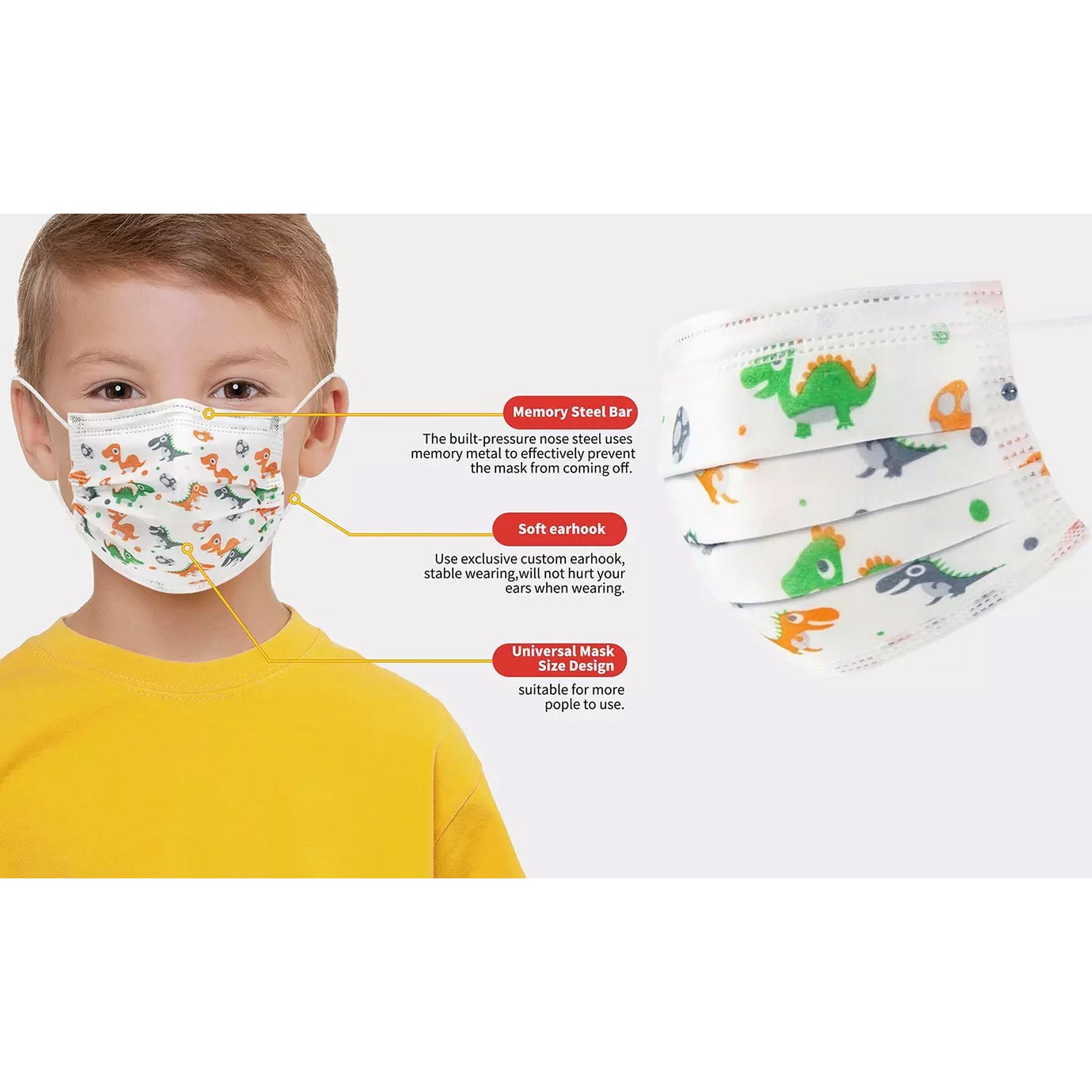 Kids 3-Ply Disposable Dinosaur Face Masks Free Shipping Real