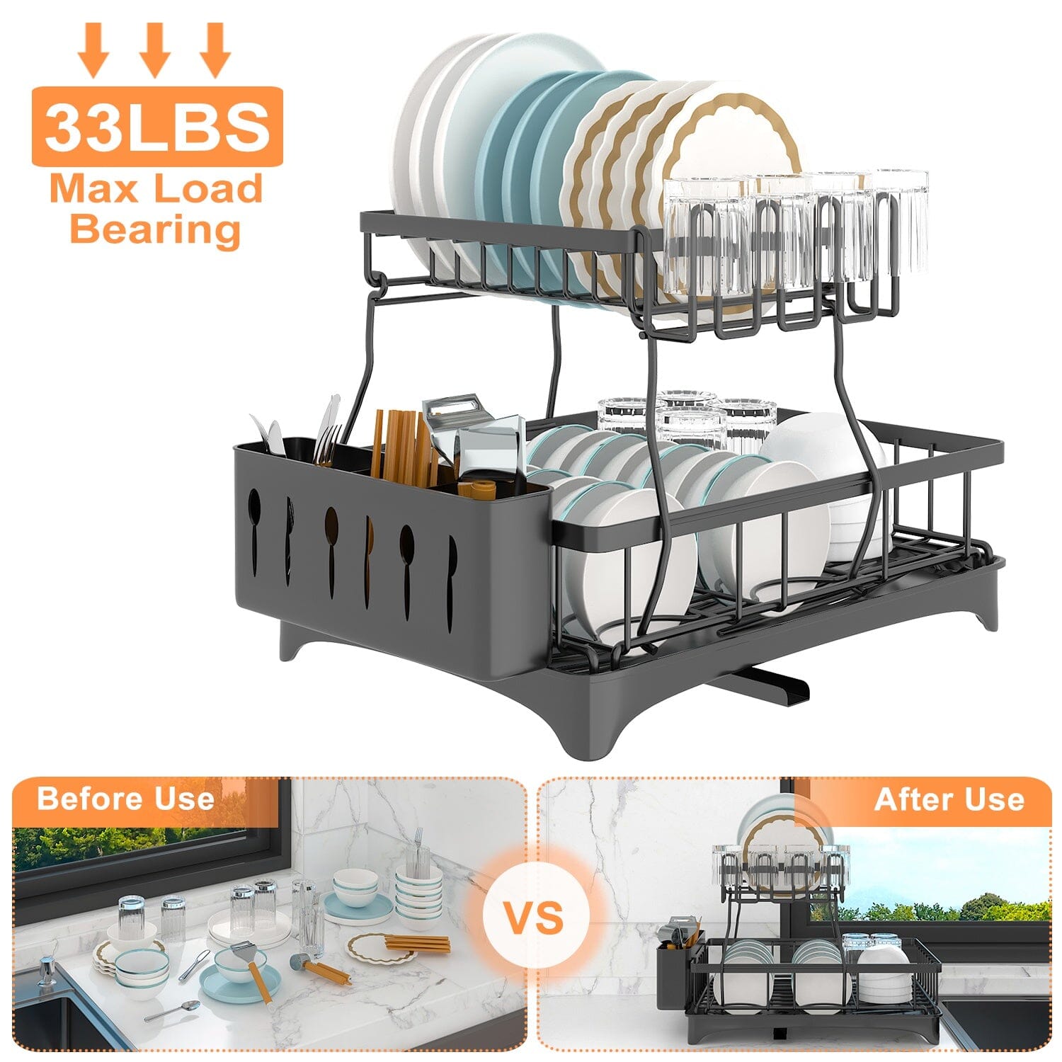 2-Tier Dish Rack Drainer Organizer Set with Utensil Cup Holder Rack Swivel Spout Outlet Discount Sale