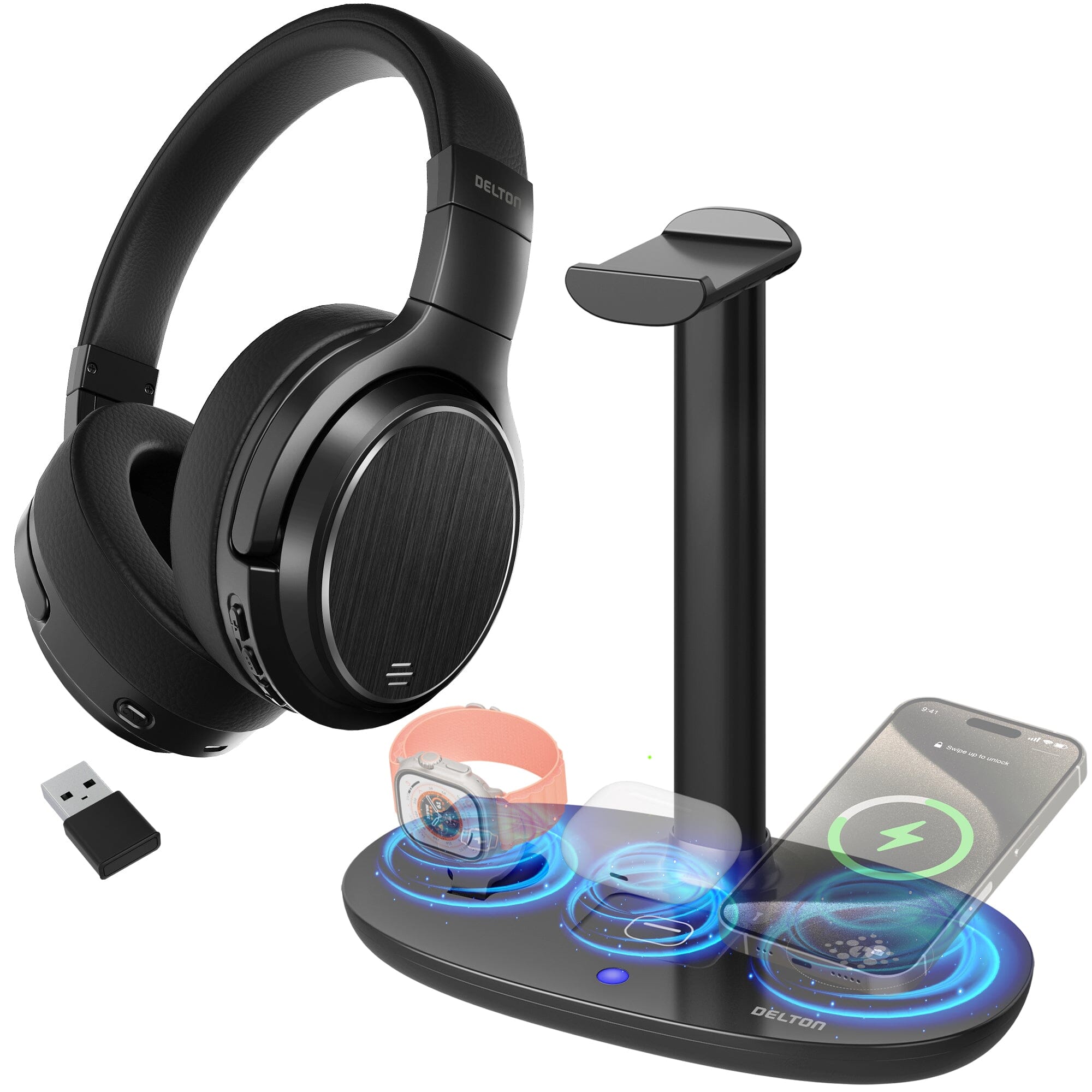 Delton M101 Wireless Computer Headset with Microphone for work, Bluetooth headset with Noise Cancelling Mic, Headset Holder & Charging Station for Apple Smart Watch, Air Pods, iPhone, Support 20W Fast Cheap Cost