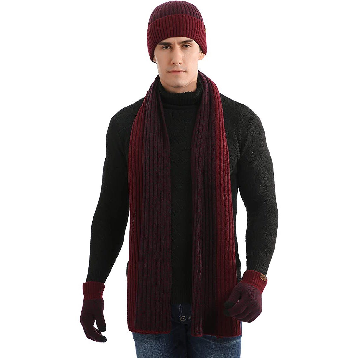 Men's Scarf and Beanie Hat Themal Gloves Set Sale Great Deals