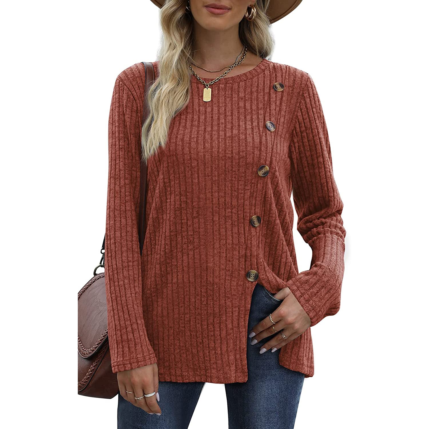 Women's Long Sleeve Crew Neck Tunic Tops Buttons Side Outlet Amazon