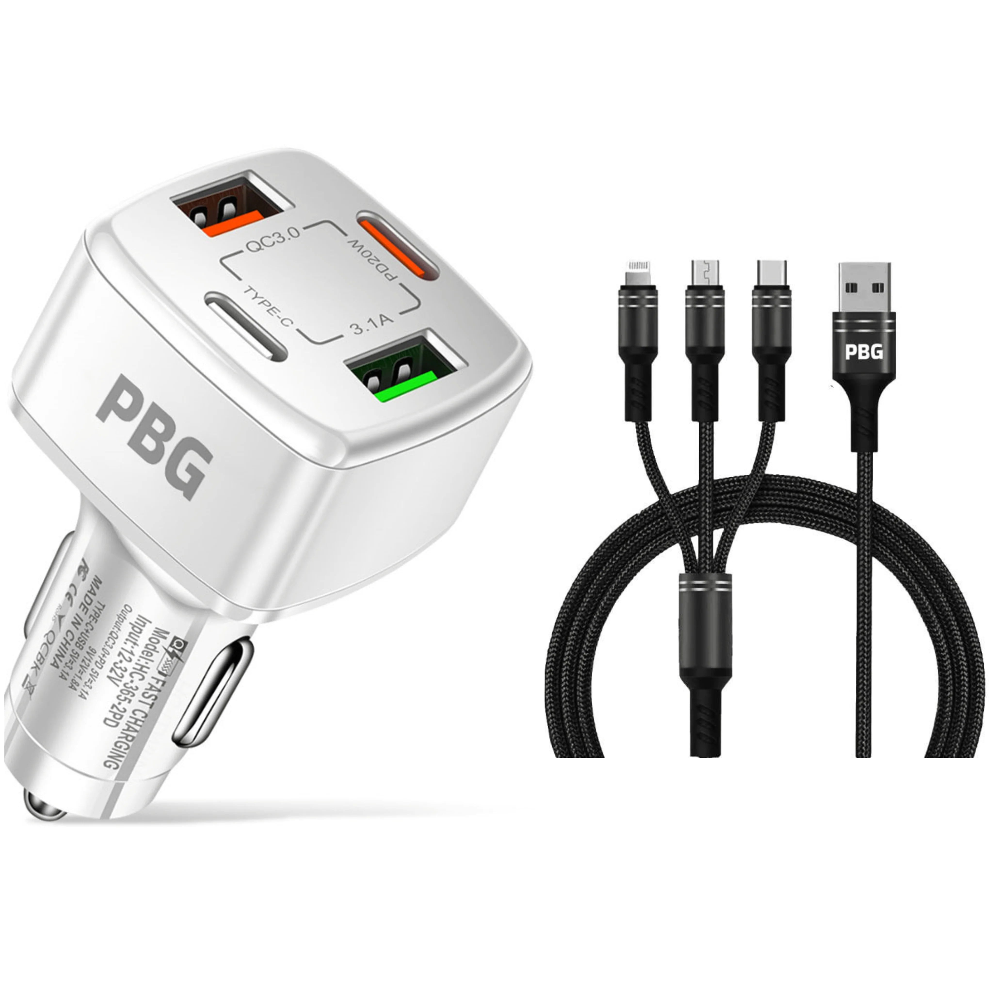 PBG 4 Port Car Charger and 4FT - 3 in 1 Nylon Cable Combo Fast Delivery Online