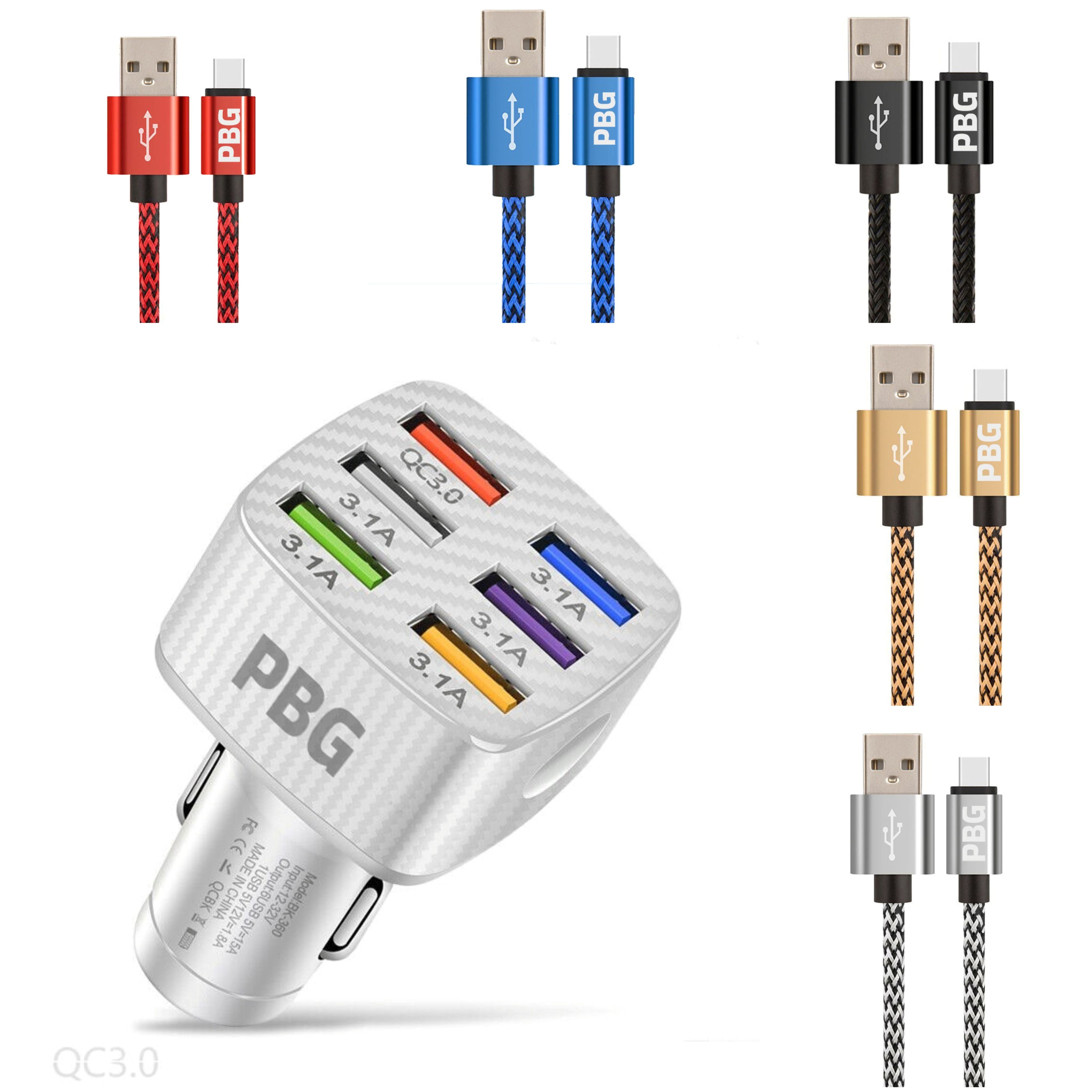 PBG LED 6-Port Car Charger and 10FT XL Zebra Lightning Cable Combo Low Pice Fee Shipping