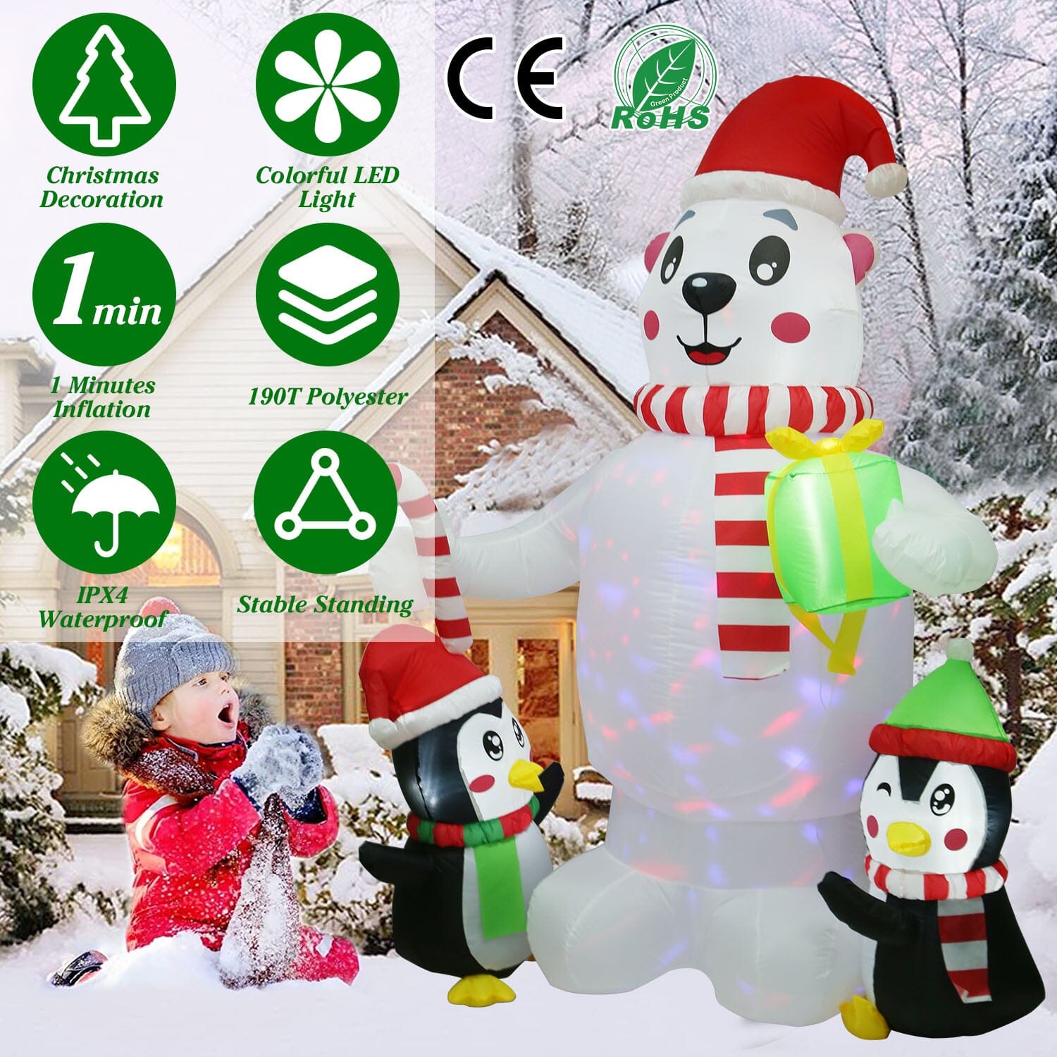 5.9Ft Christmas Inflatable Polar Bear and Penguin Blow Up Yard Outdoor Decoration with LED Visit New For Sale