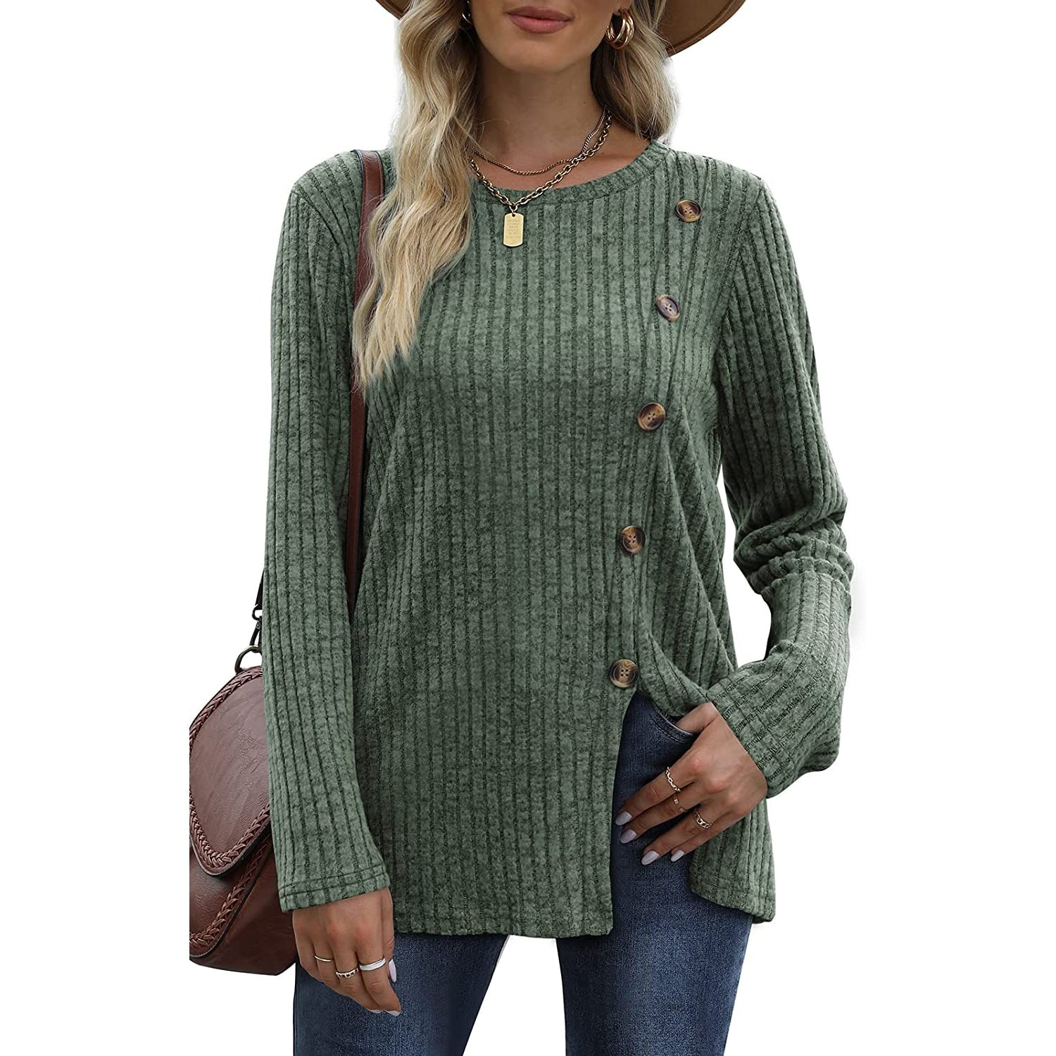 Women's Long Sleeve Crew Neck Tunic Tops Buttons Side Outlet Amazon