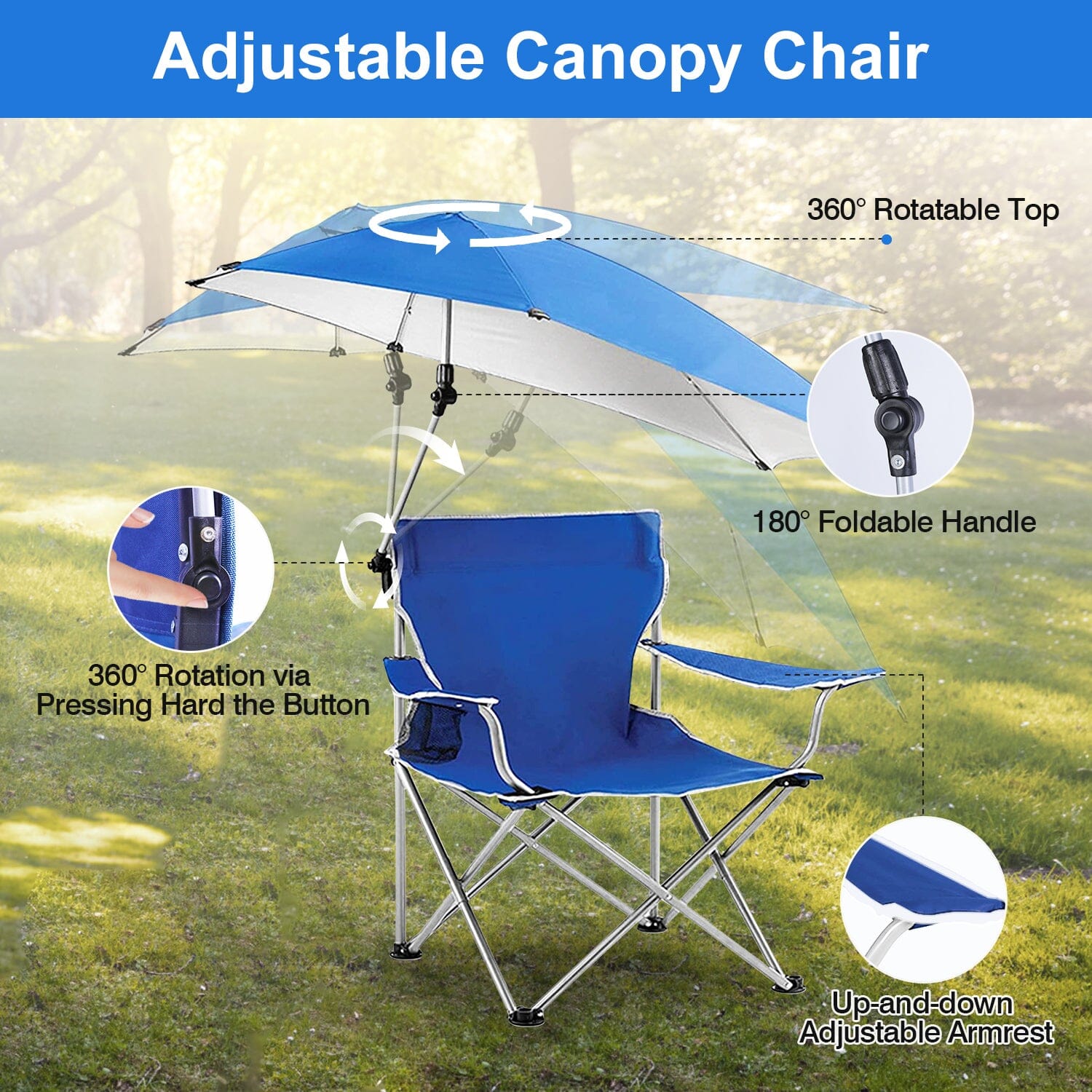 Foldable Beach Chair with Detachable Armrest Adjustable Canopy Stool with Cup Holder Tumblr