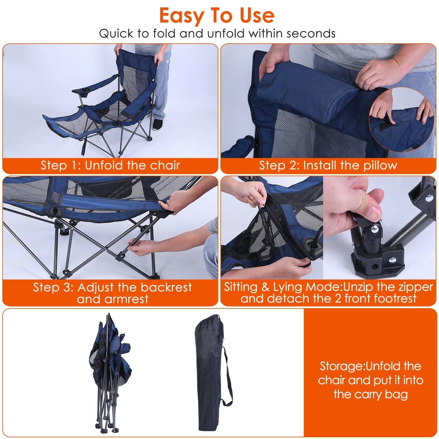 Foldable Camping Chair Heavy Duty Steel Lawn Chair with Reclining Backrest Angle Enjoy Online