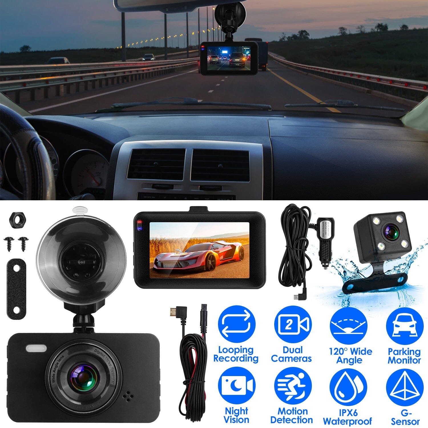 1080P Dual Dash Cam 3 Screen with Front and Rear Camera G-Sensor Motion Night Vision Loop Recording 2025 New For Sale