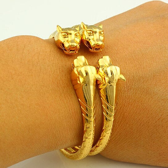 2-Piece Set: 18k Yellow Gold Filled High Polish Finish Lion Adjustable Bangle Fast Delivery Sale Online