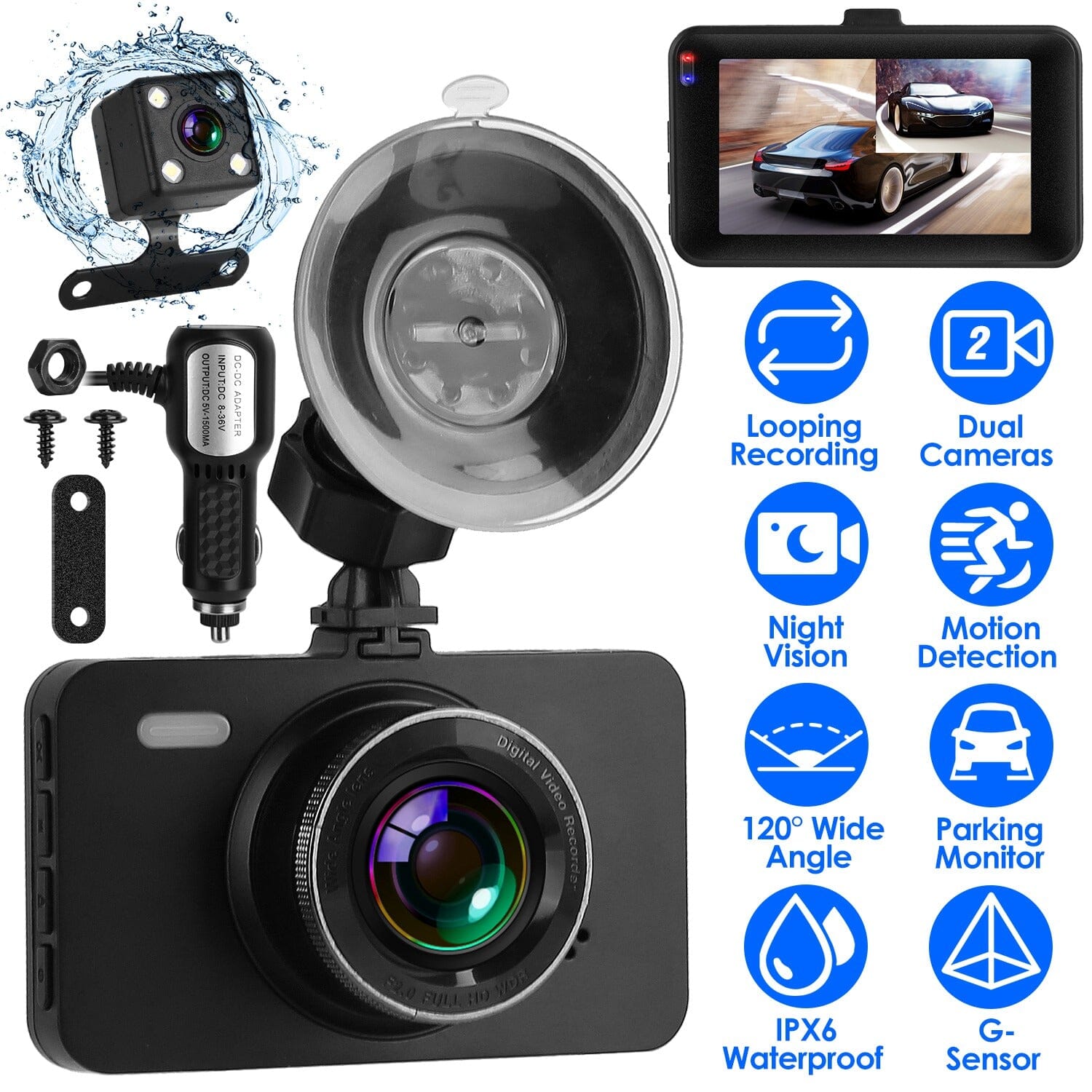 1080P Dual Dash Cam 3 Screen with Front and Rear Camera G-Sensor Motion Night Vision Loop Recording 2025 New For Sale