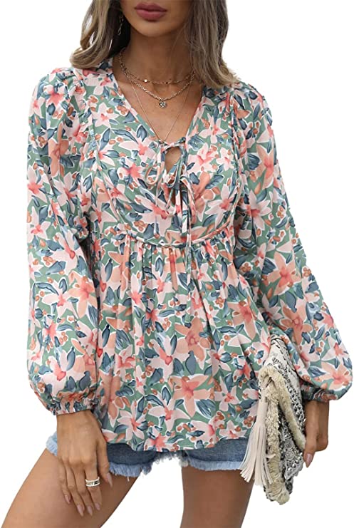 Women's Casual Boho Floral Print V Neck Long Sleeve Top Online Cheap Online