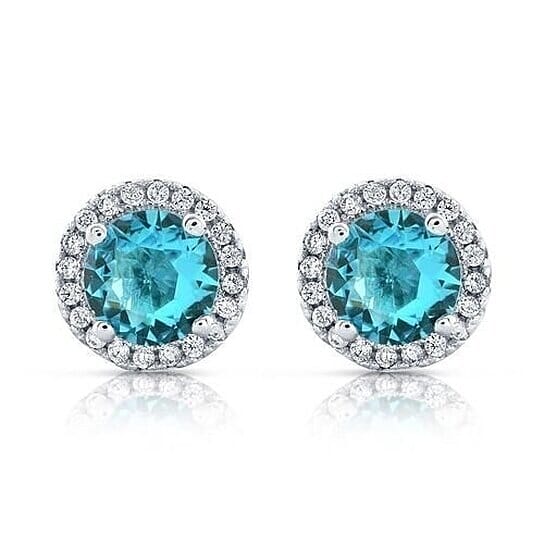 Halo Cz Aquamarine Stud Earrings White Sterling Silver Filled High Polish Finish Free Shipping Clearance