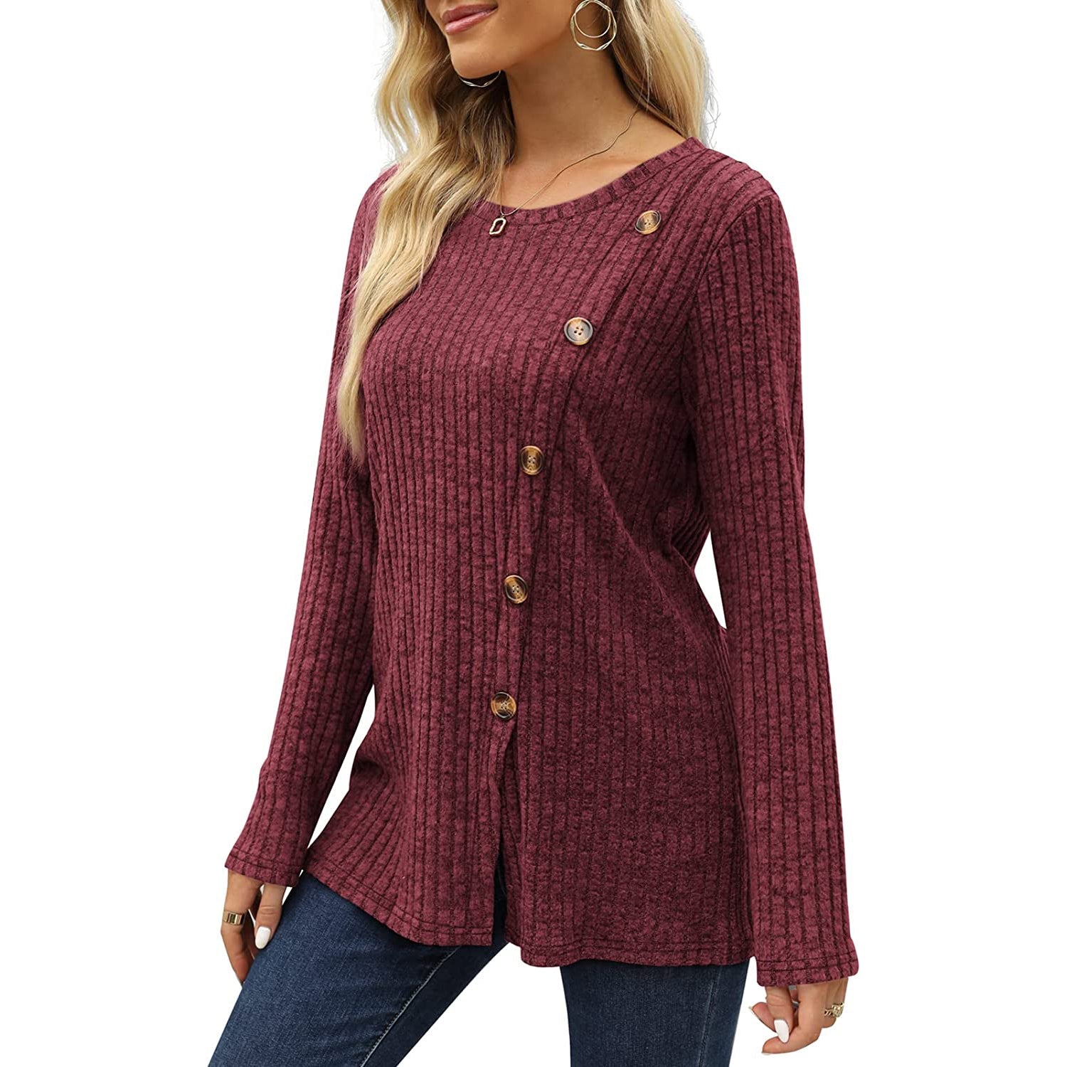 Women's Long Sleeve Crew Neck Tunic Tops Buttons Side Outlet Amazon