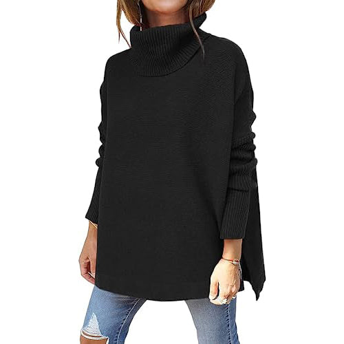 Women's Turtleneck Oversized Sweaters Long Batwing Sleeve Spilt Hem Tunic Free Shipping Low Cost