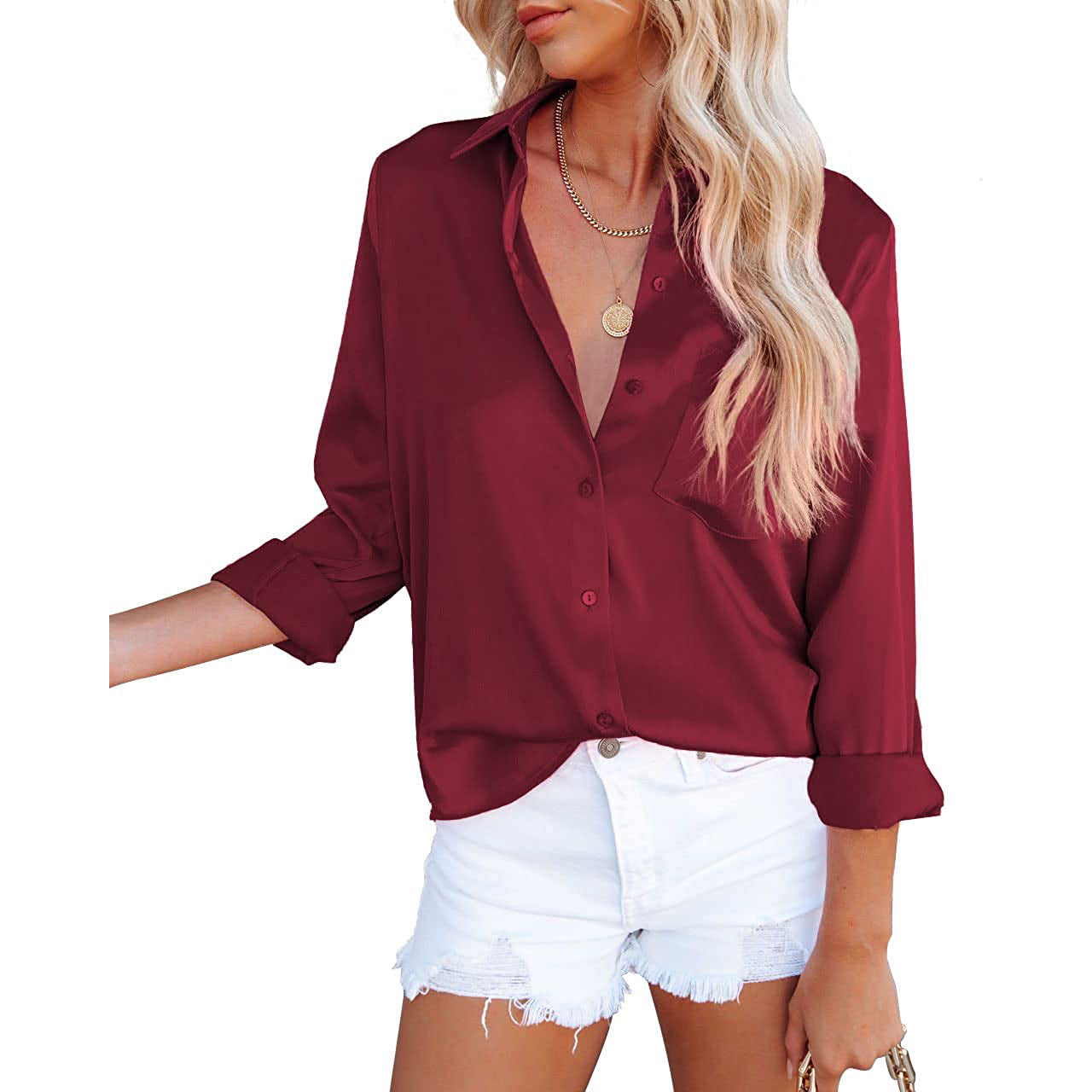 Women's Button Down Shirts Satin V Neck Long Sleeve For Nice Cheap Online