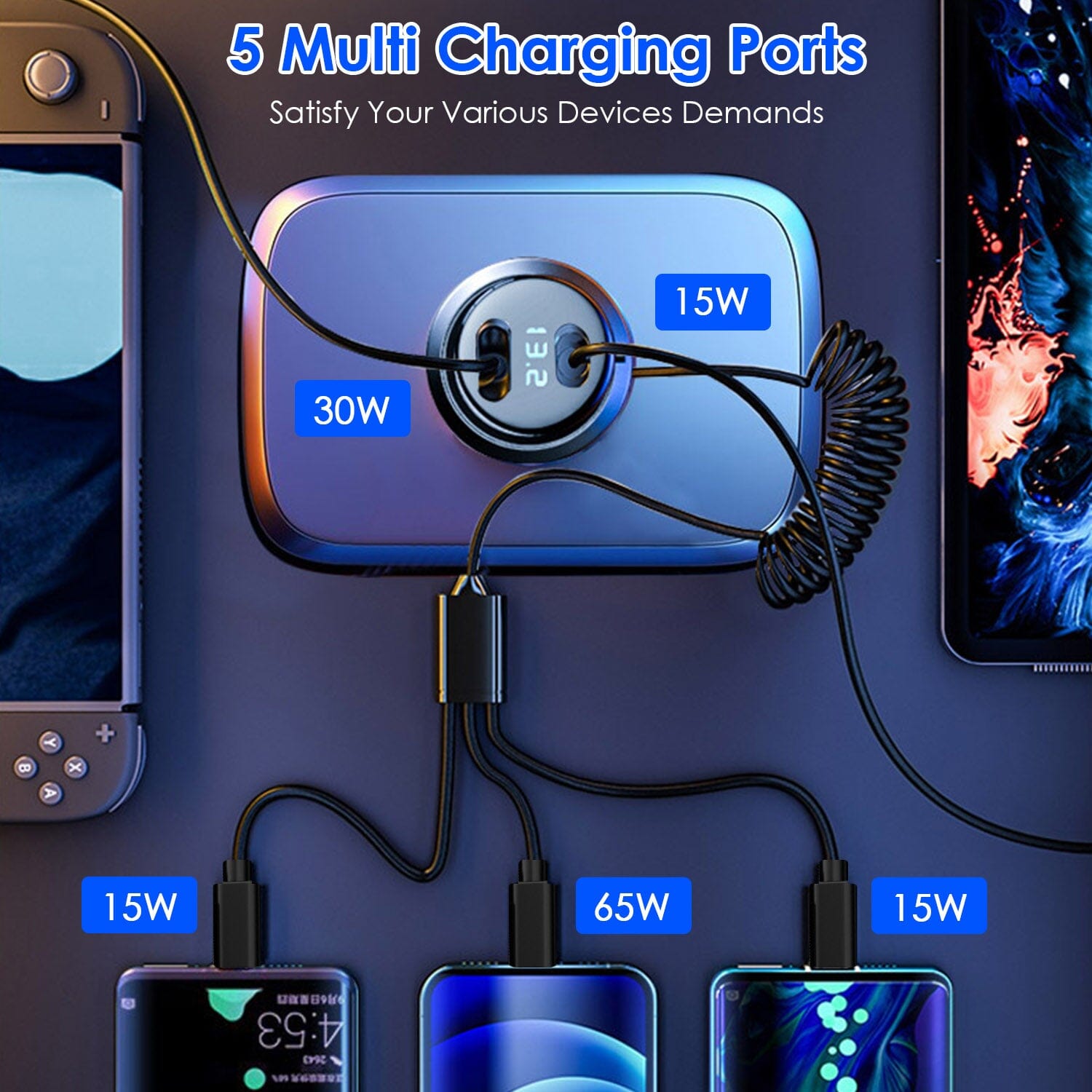 5-in-1 Fast Charge Car Charger QC PD USB Type C LT 5 Port with 4ft Coiled Cable Outlet Good Selling