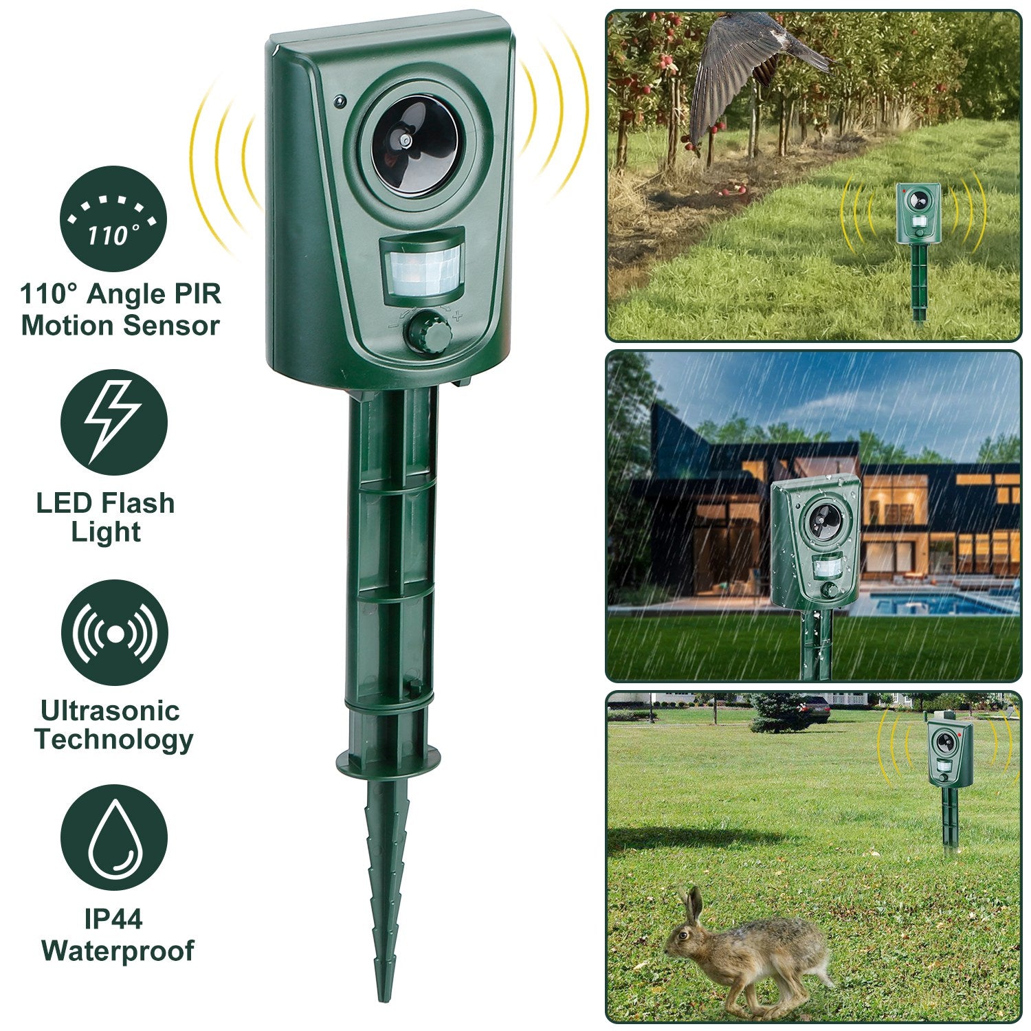 Ultrasonic Animal Repeller IP4 Waterproof Motion Sensor Repellent with Flashing Led Light Finishline For Sale