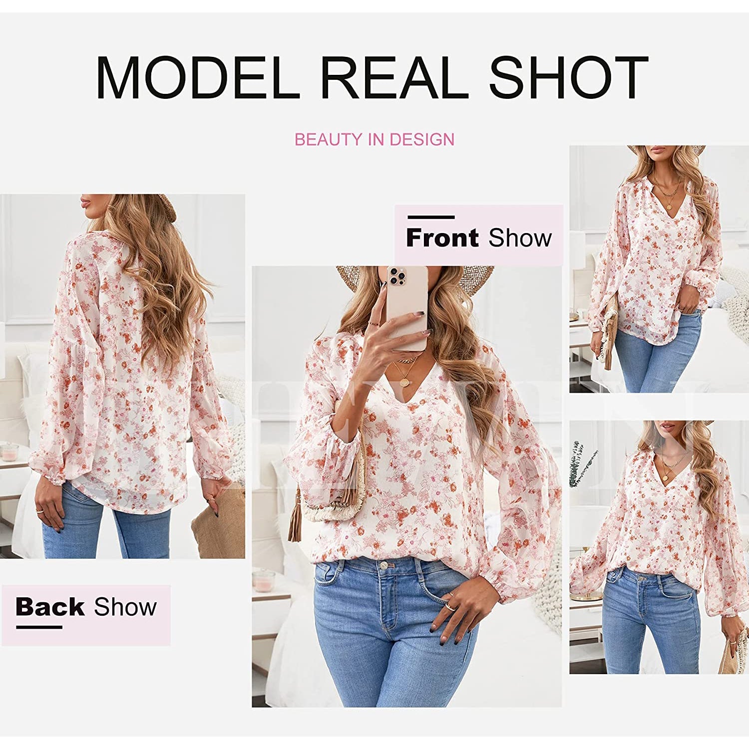 Womens Casual Boho Floral Print V Neck Long Sleeve Loose Blouse Clearance In China