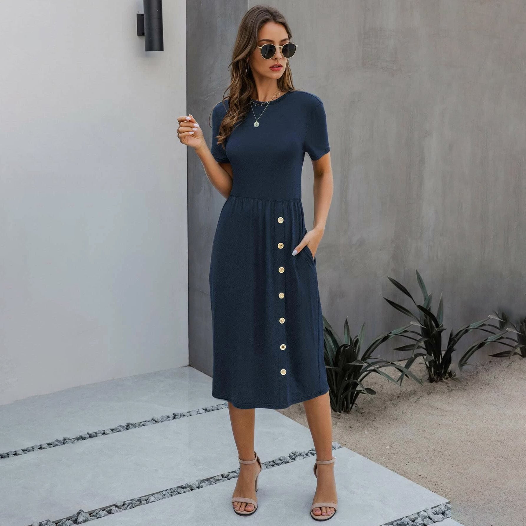 Slant Pocket Button Detail Dress Cheap Sale Release Dates