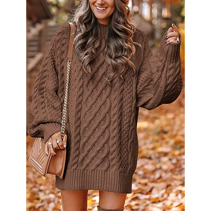 Women Crewneck Long Sleeve Oversized Cable Knit Chunky Pullover Short Sweater Dresses Free Shipping Shop