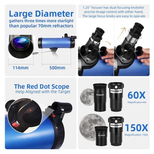 Telescope for Beginner 114mm Aperture 500mm AZ Mount Astronomical Reflector Clearance Official