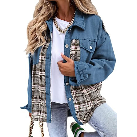 Women's Denim Jacket Long Sleeve Plaid Button Down Shirts Shacket Discount Pices