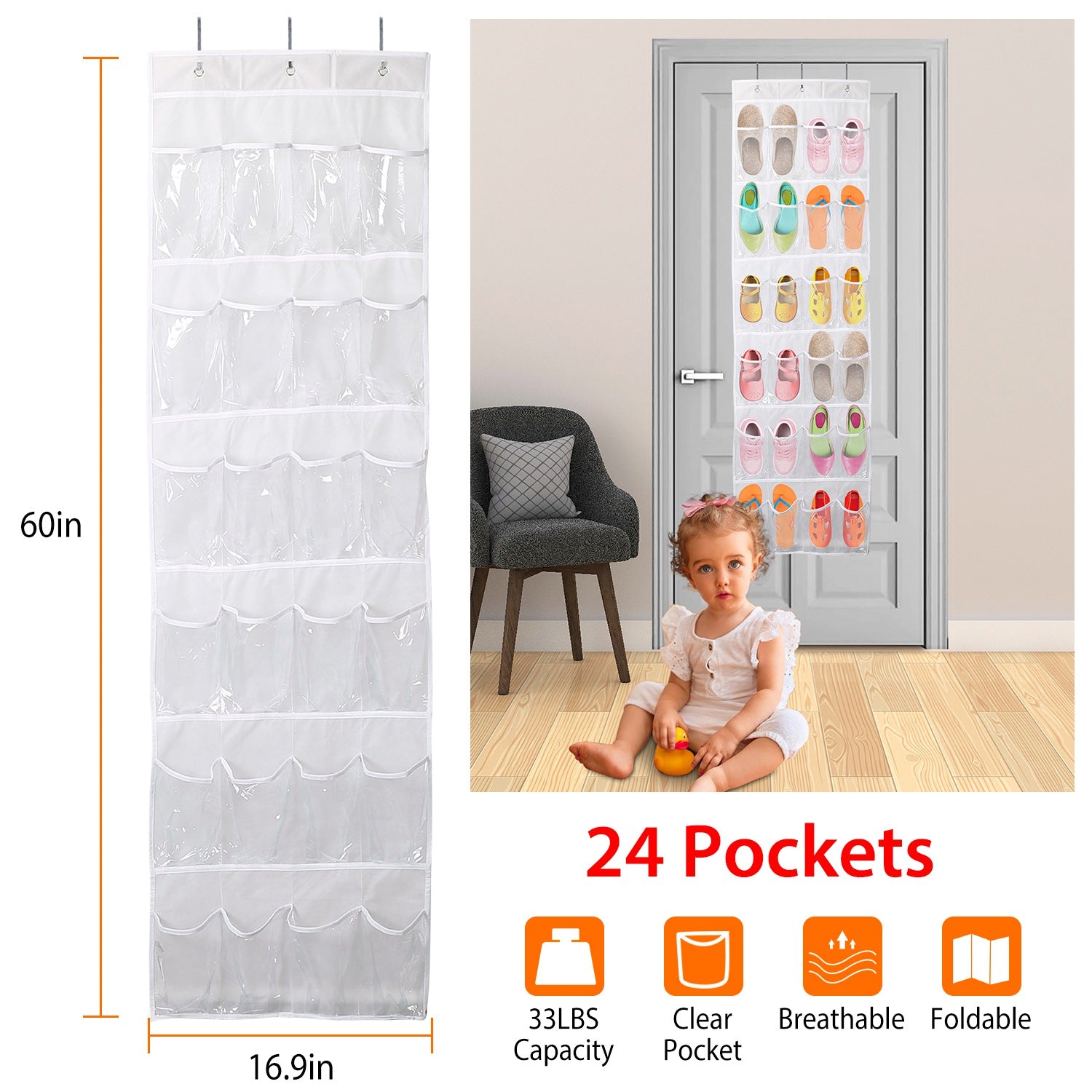 24-Pocket: Over the Door Shoes Rack Crystal Clear Organizer Top Quality Sale Online