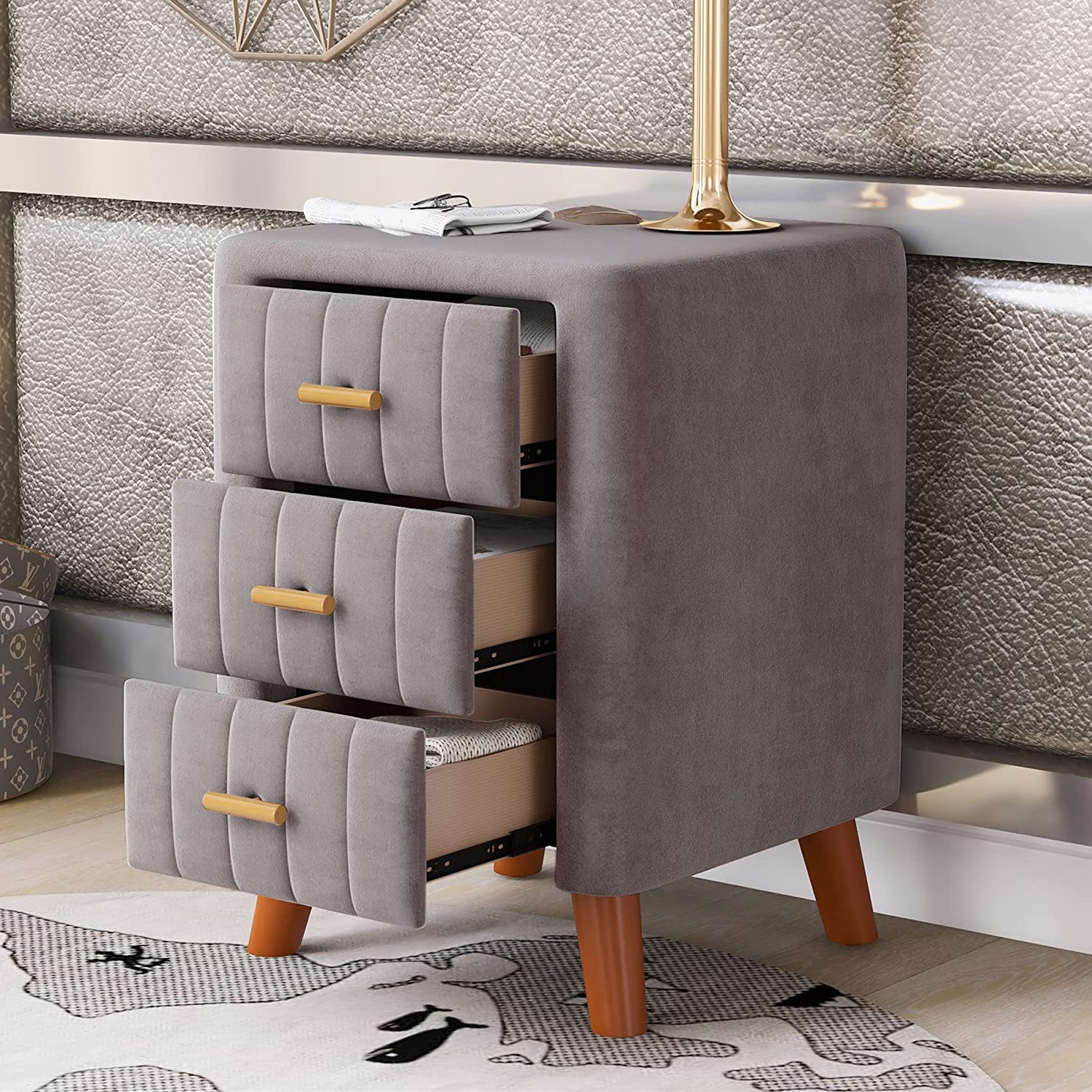 Modern Bedside Velvet Upholstered 3-Drawer Nightstand with Metal Handles Best Sale Online