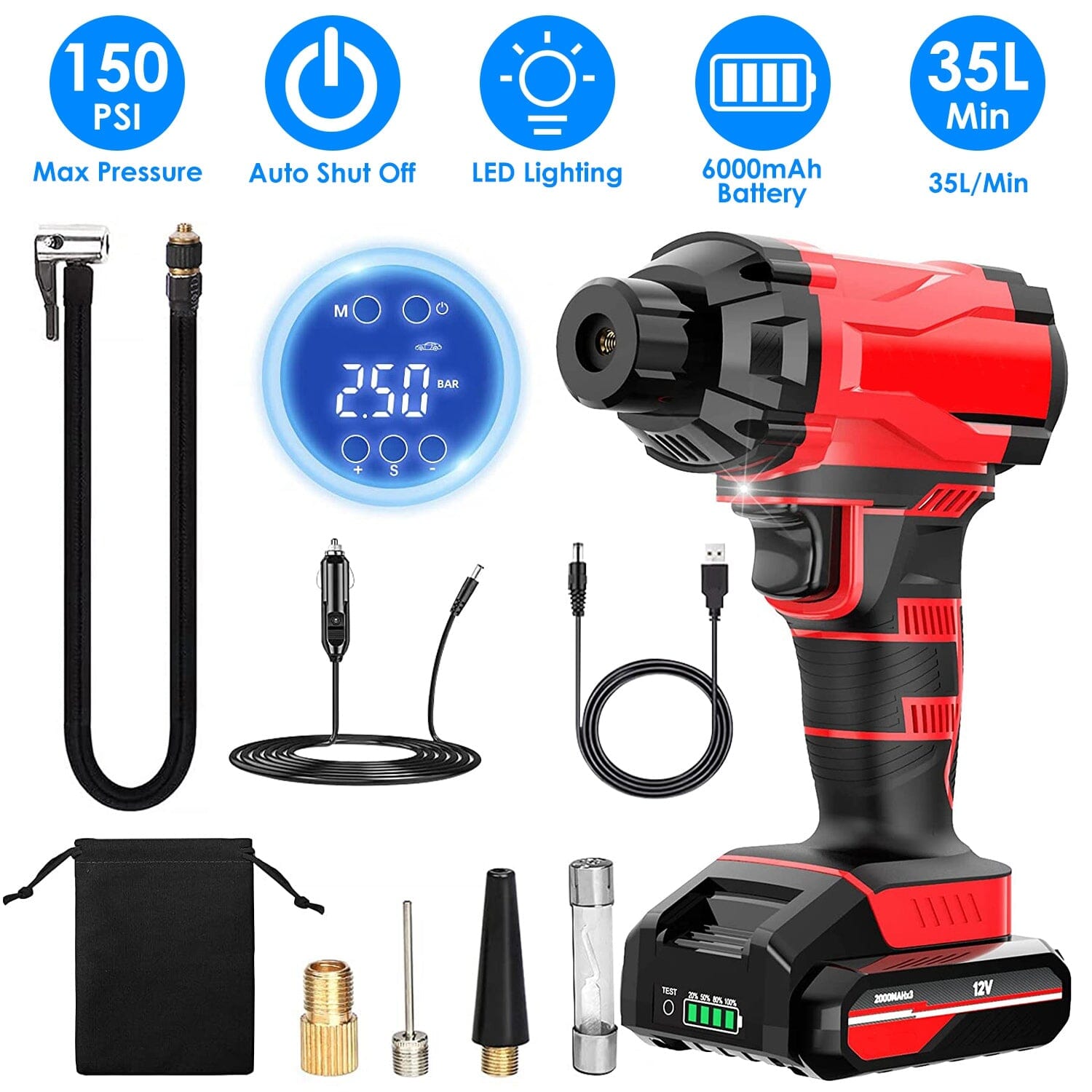 150 PSI 12V Portable Cordless Tire Pump 6000mAh Rechargeable with LED Light View Cheap Online