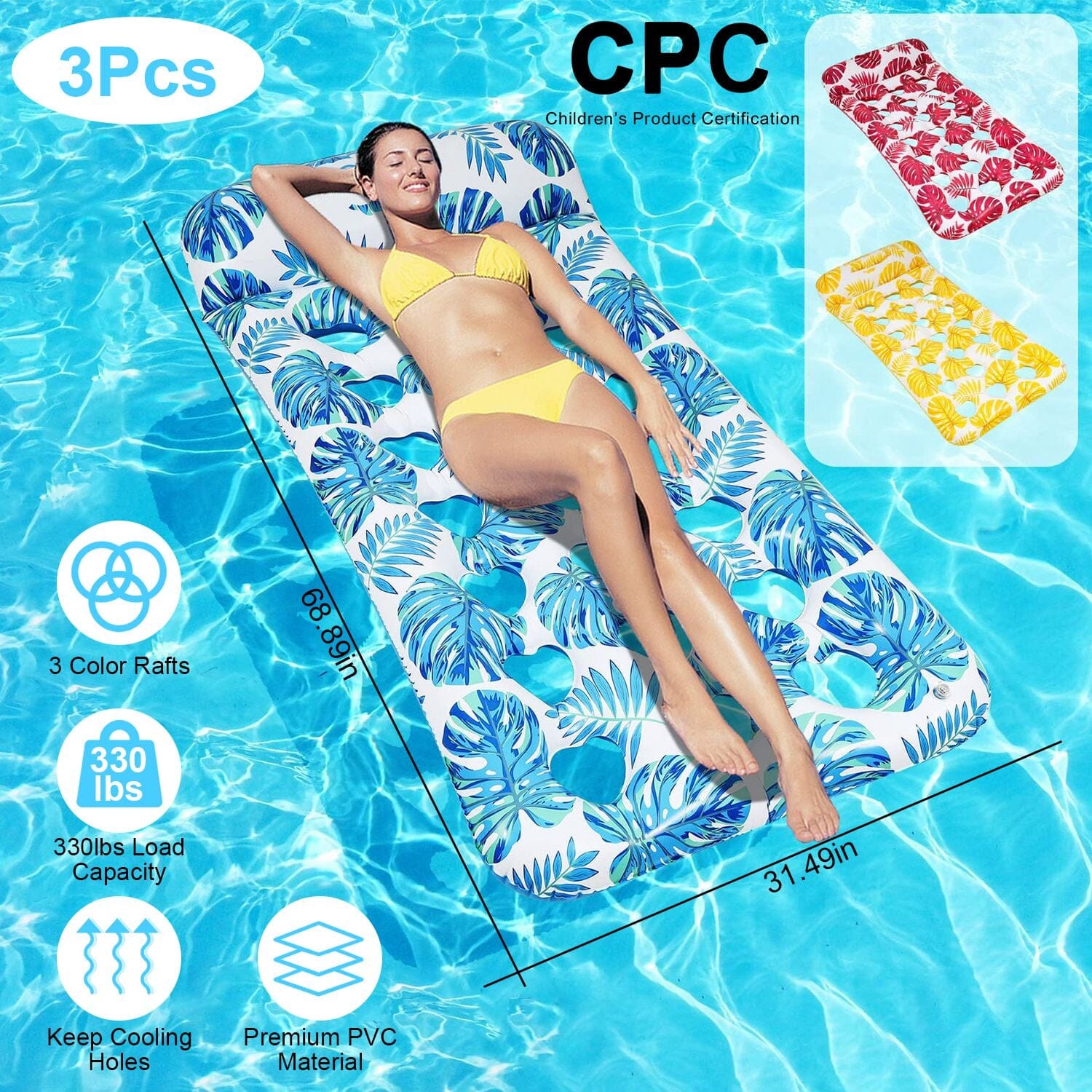 3-Pack: Inflatable Pool Float Raft Water Lounge 330lbs Load-Bearing Mattress with Headrest Fashion Style For Sale