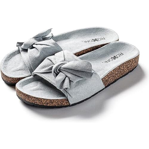 Roxoni Women Comfort Sandals Ribbon Bow Top EVA Flat Slides Footbed Suede with Arch Support Non-Slip Cheap Discount Sale