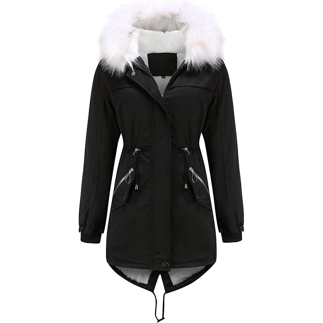 Women's Thick Warm Fleece Lined Winter Coat Jacket Parka with Fluffy Hood Visa Payment