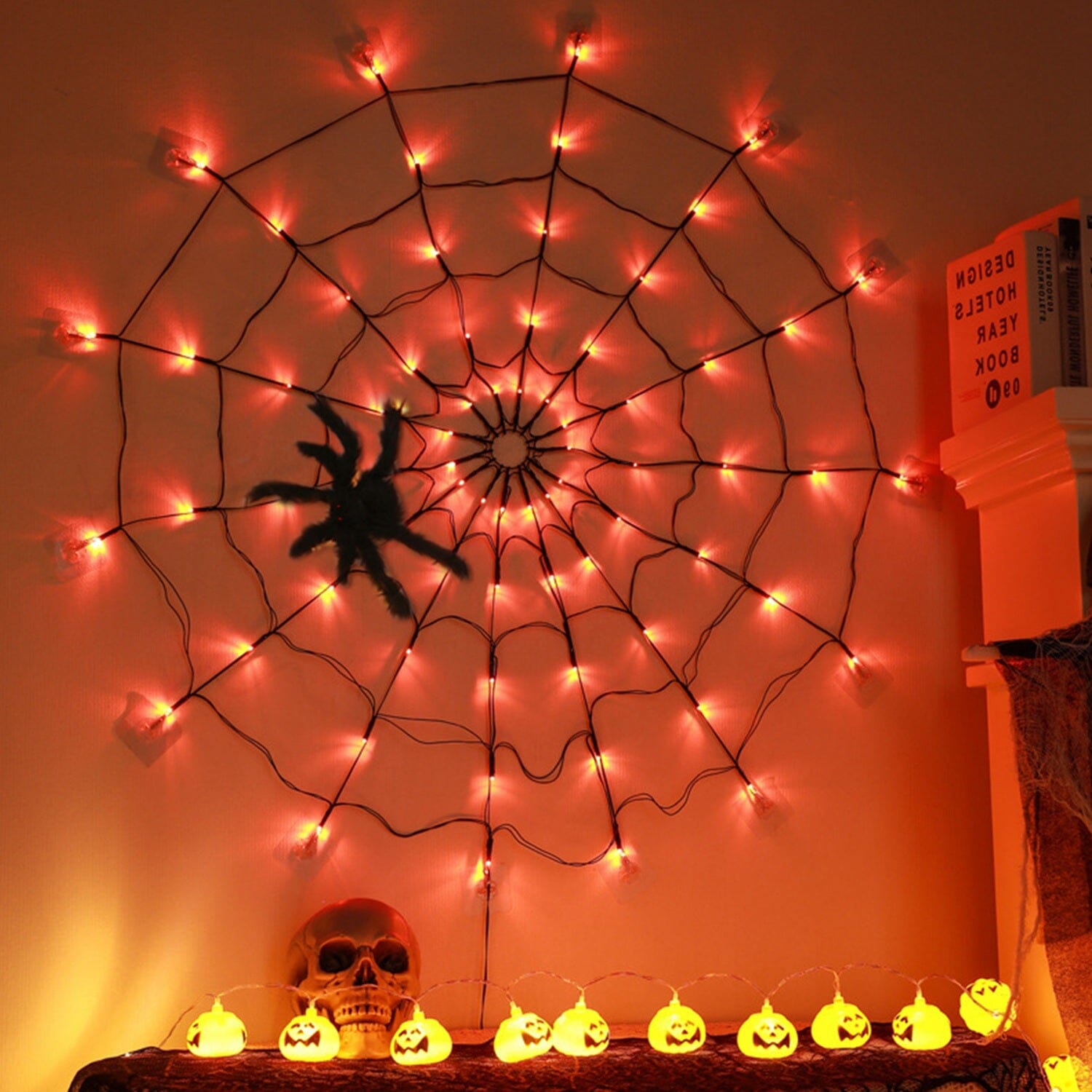 Spider Web Light with Hairy Spider 70LED Battery Powered Remote Control 8 Lighting Modes Free Shipping 2025