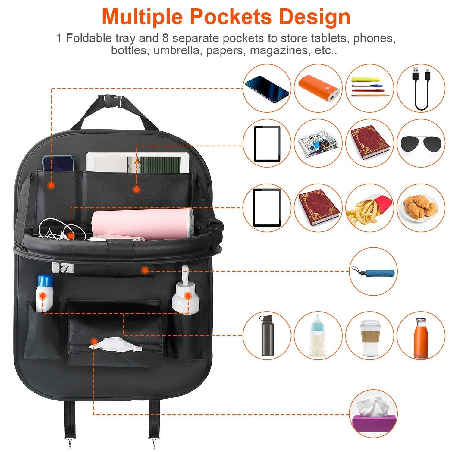 Car Back Seat Organizer with Foldable Table Tray 8 Pockets Outlet View