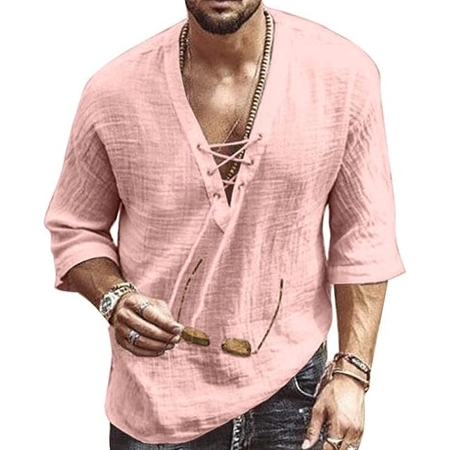 Men's Fashion Shirt Short Sleeve Beach V-Neck Drawstring Clearance Best Seller