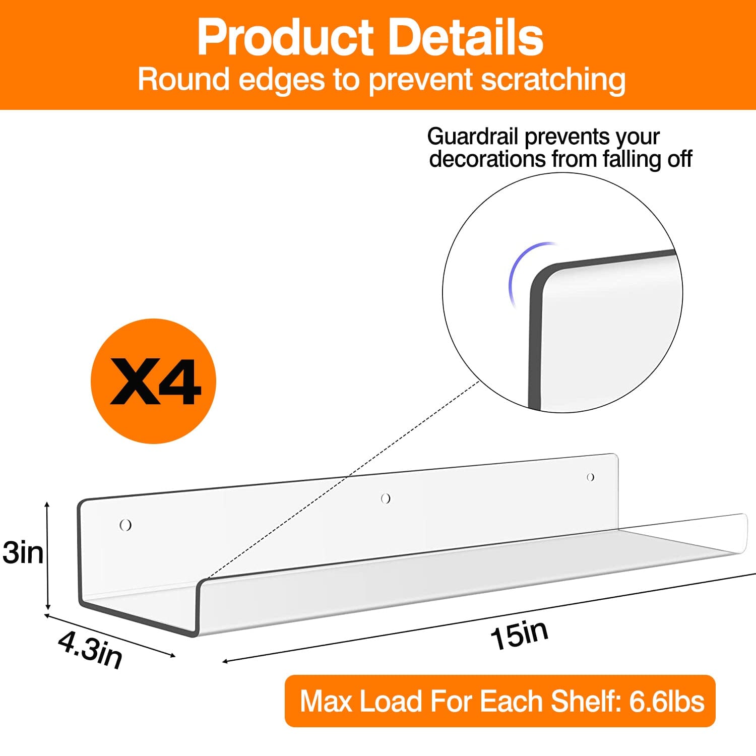 4-Pack: 15 inches Clear Acrylic Floating Shelves with 2 Mounting Ways With Paypal For Sale