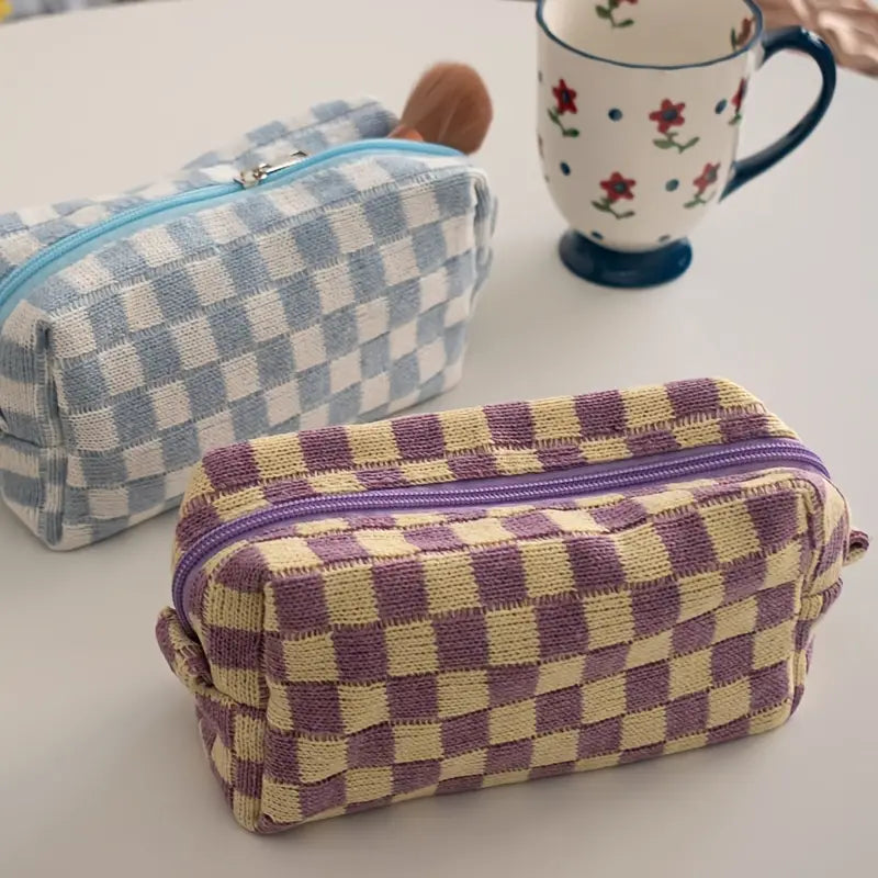 Checkered Pattern Zipper Makeup Bag Release Dates Sale Online