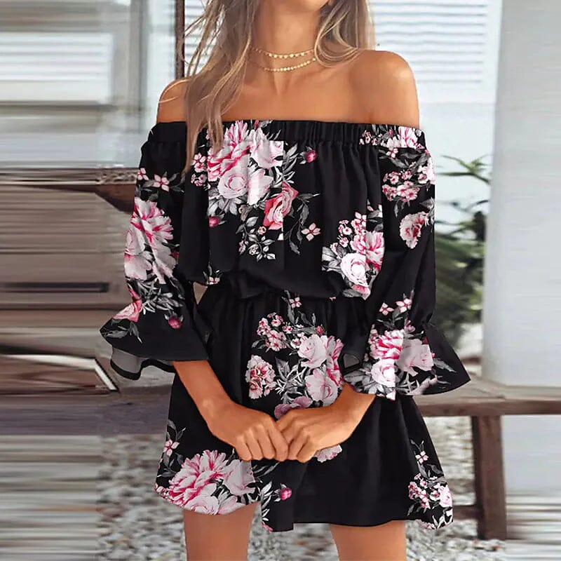 Women's 3/4 Length Sleeve Floral Ruffle Summer Spring Off Shoulder Dress Cheap Brand New Unisex