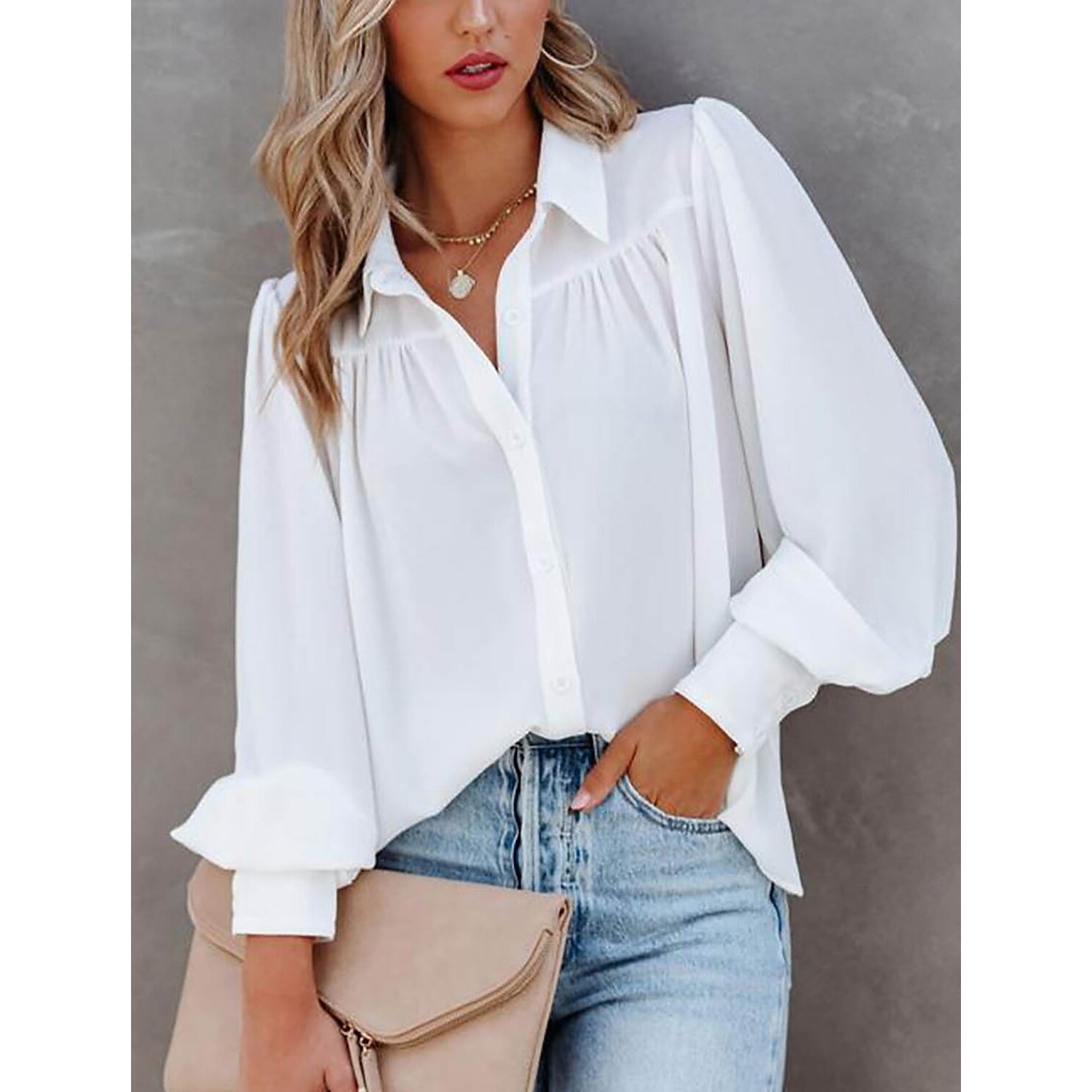 Womens Blouse Shirt Plain Button Long Sleeve Cheap Sale 100% Guaranteed