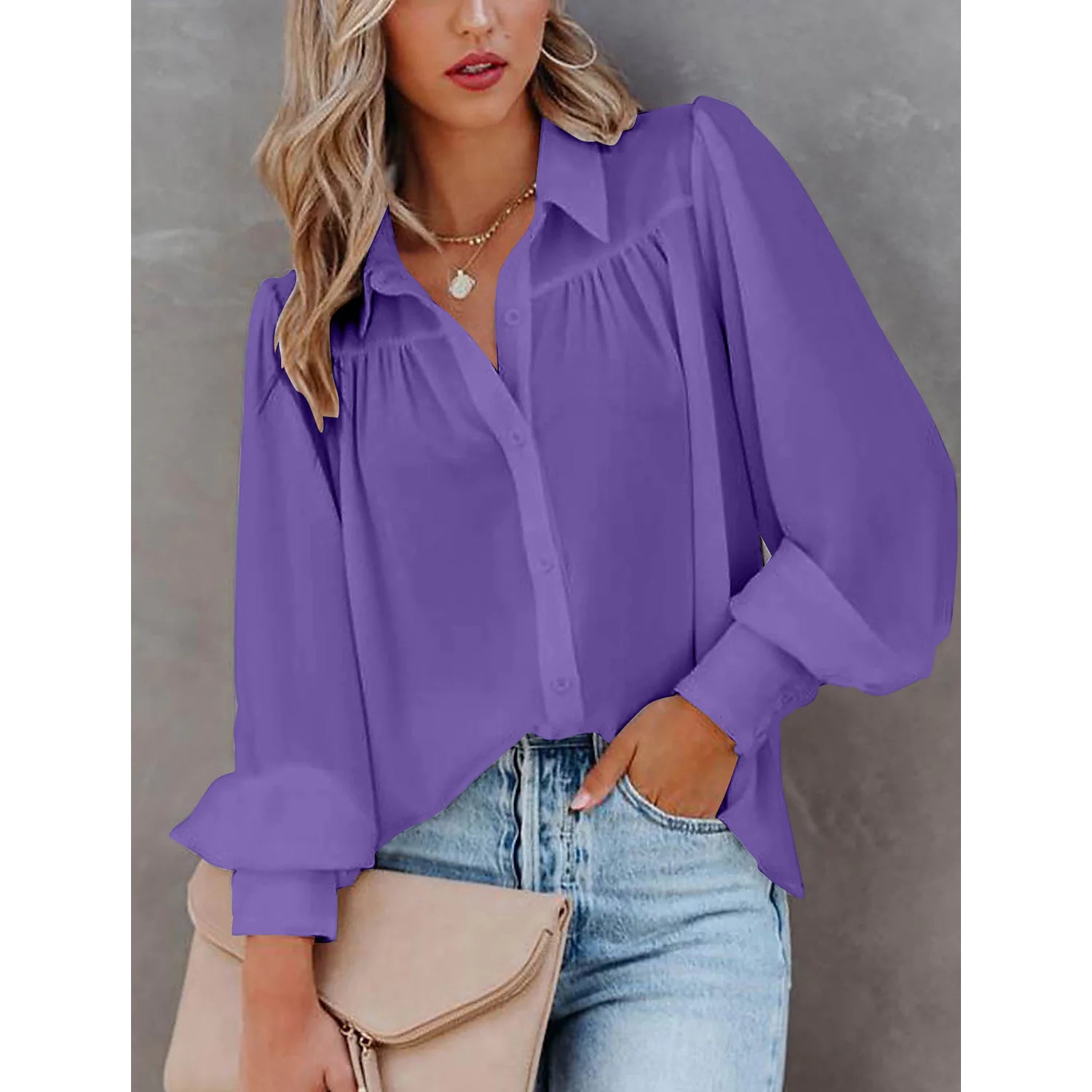 Womens Blouse Shirt Plain Button Long Sleeve Cheap Sale 100% Guaranteed